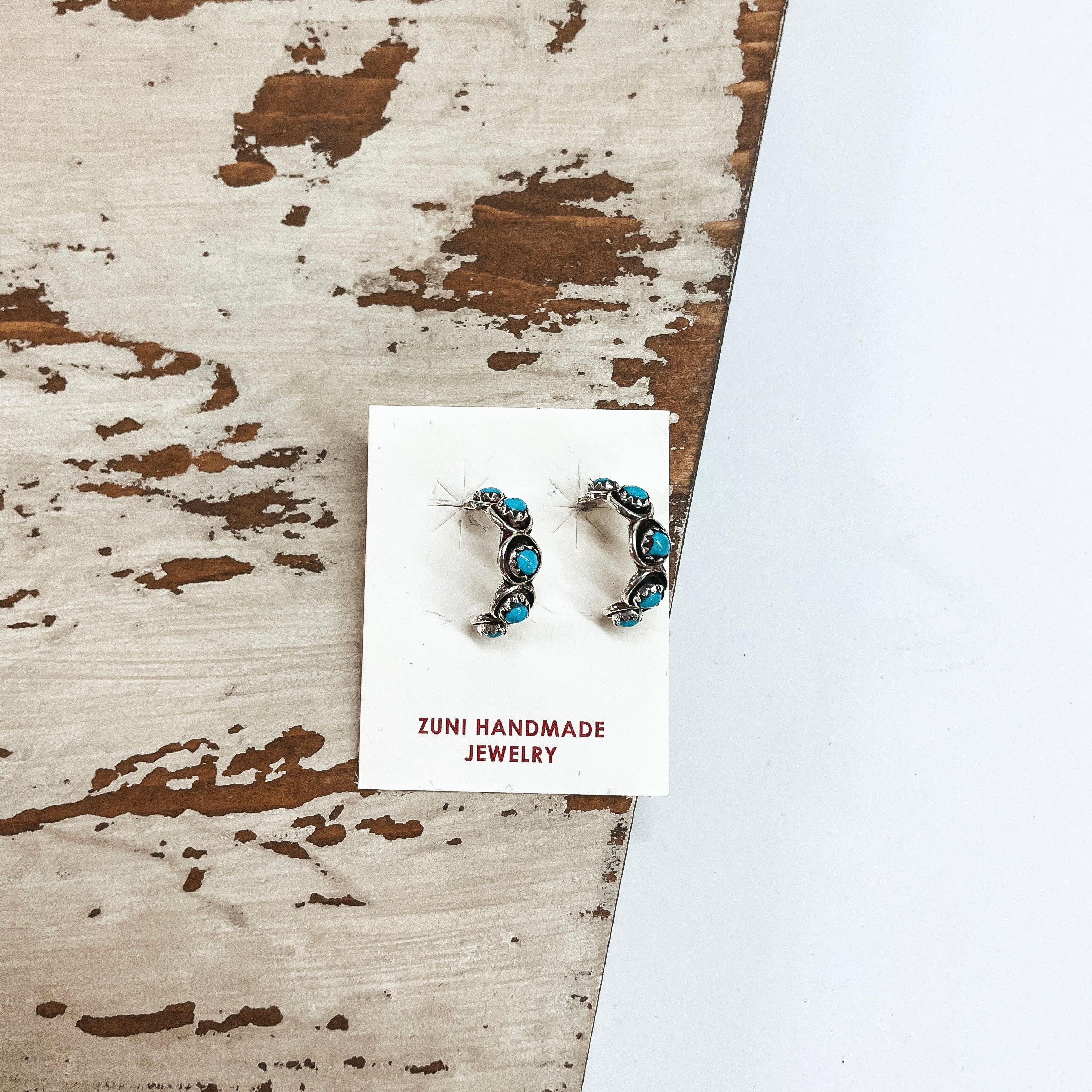 Zuni | Zuni Handmade Genuine Sterling Silver Half Hoops with Turquoise Circle Stone - Giddy Up Glamour Boutique