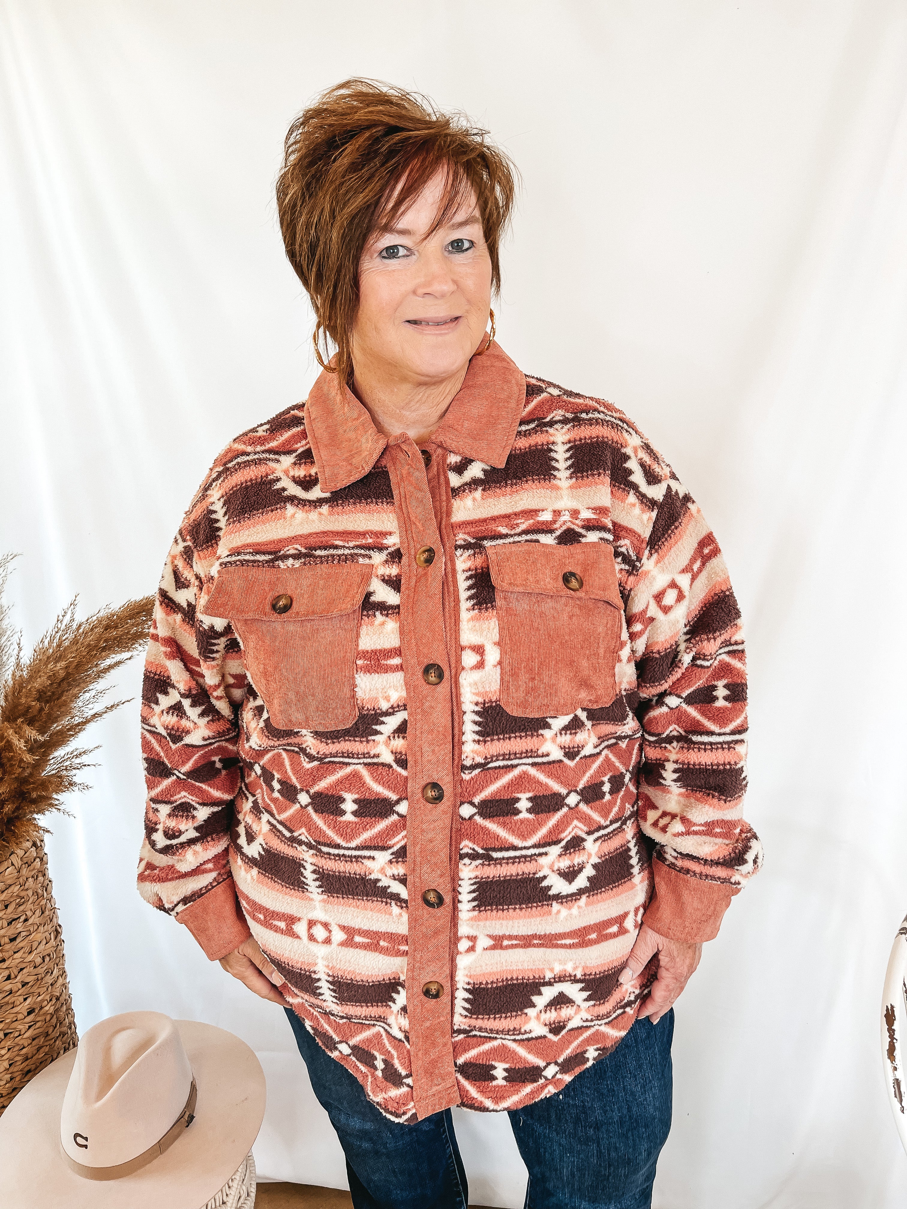 Hollywood Hike Aztec Print Button Up Fleece Jacket with Pockets in Dusty Rose Pink - Giddy Up Glamour Boutique