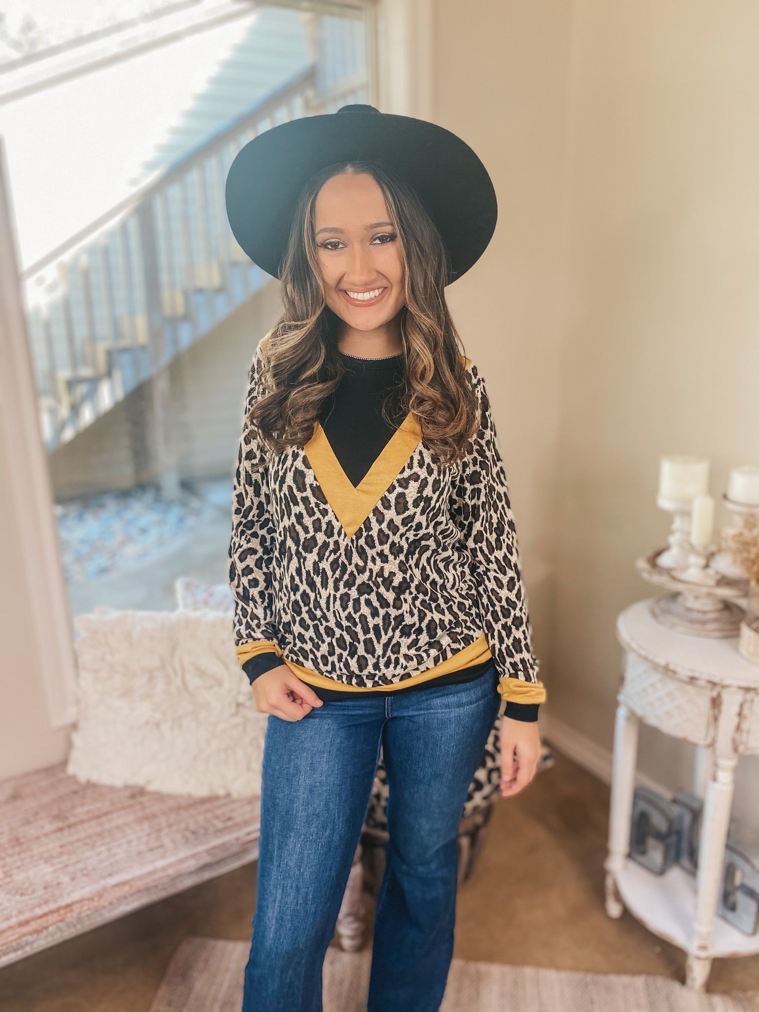 A Wild Mindset Leopard and Black Color Block Top with Yellow Trim - Giddy Up Glamour Boutique