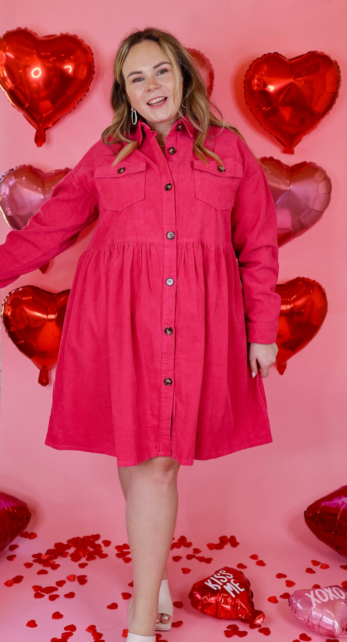 Over The Edge Corduroy Button Up Babydoll Dress in Hot Pink - Giddy Up Glamour Boutique