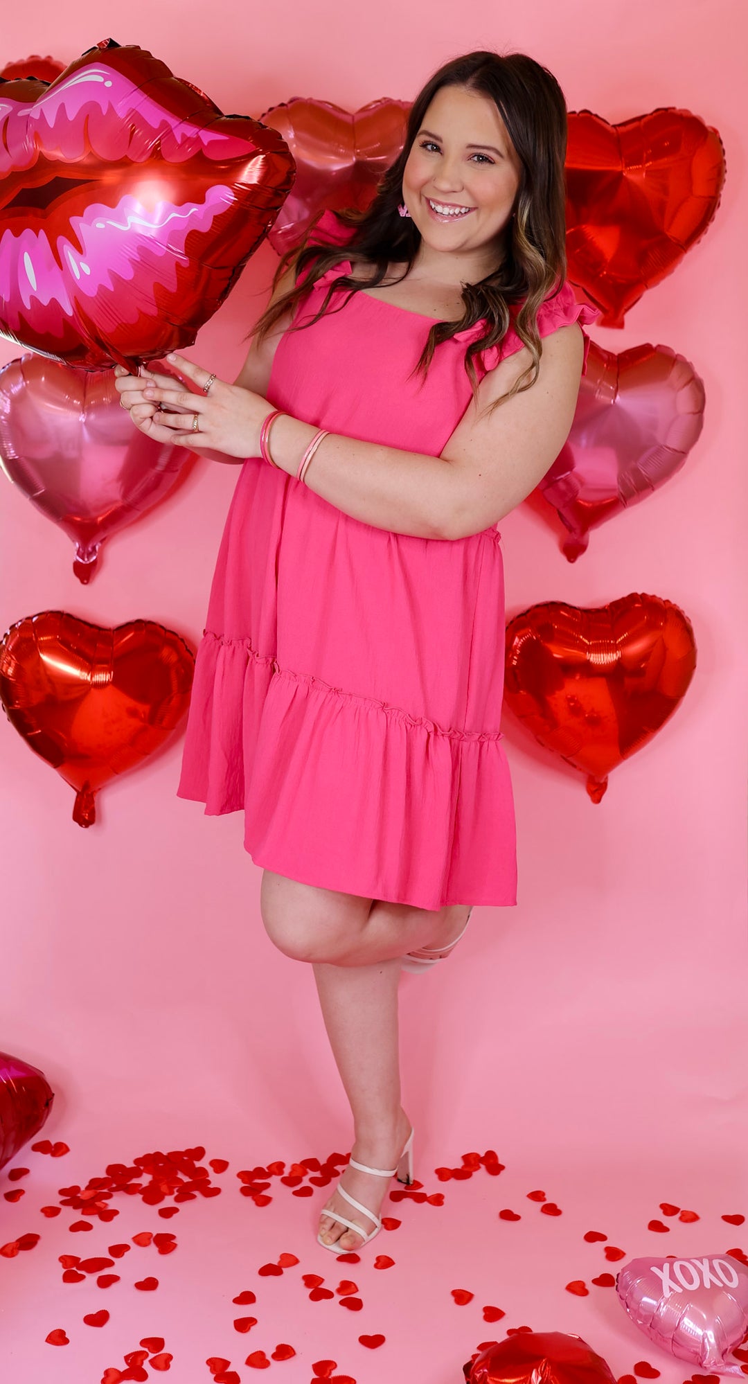 Instant Confidence Ruffle Strap Tiered Tank Dress in Hot Pink - Giddy Up Glamour Boutique