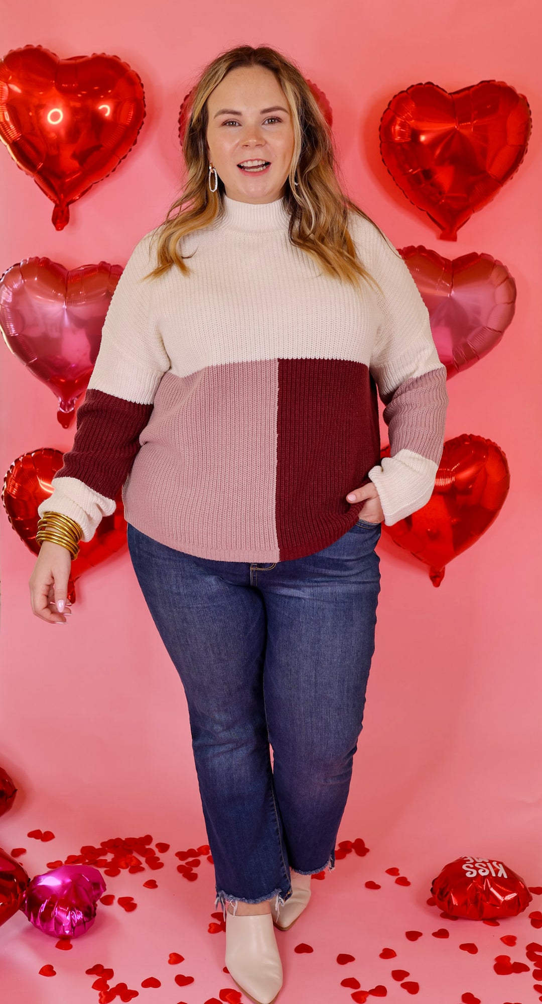 Just Warming Up Color Block Knit Pullover Sweater in Maroon and Mauve - Giddy Up Glamour Boutique