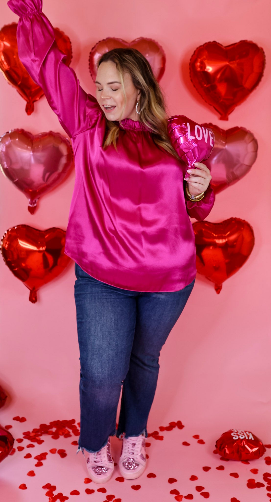 Can't Stop Me Ruffle Mock Neck Long Sleeve Satin Top in Fuchsia Pink - Giddy Up Glamour Boutique