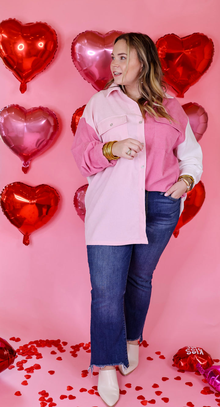 Full of Fun Color Block Button Up Shacket in Pink Mix - Giddy Up Glamour Boutique