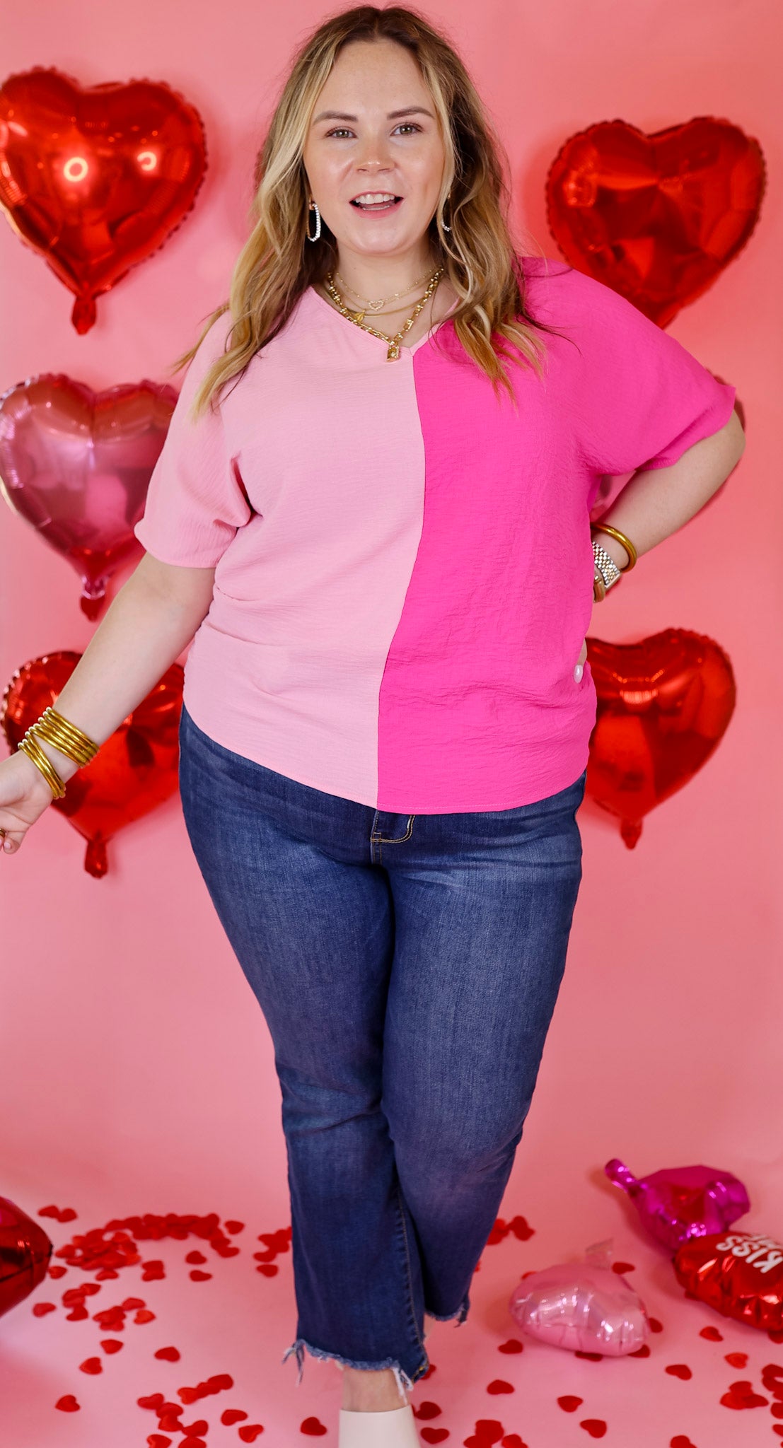 Lovely Dear V Neck Short Sleeve Color Block Top in Fuchsia and Light Pink - Giddy Up Glamour Boutique