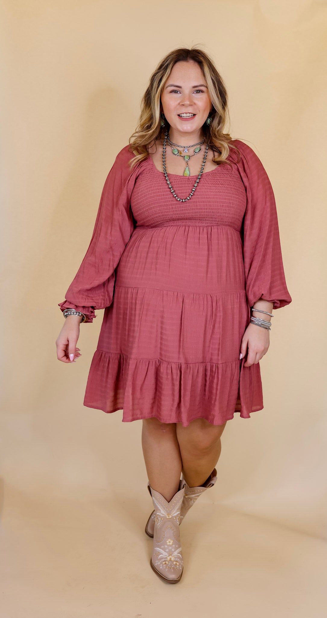Day Cafe Smocked Bodice Long Sleeve Tiered Dress in Mauve - Giddy Up Glamour Boutique