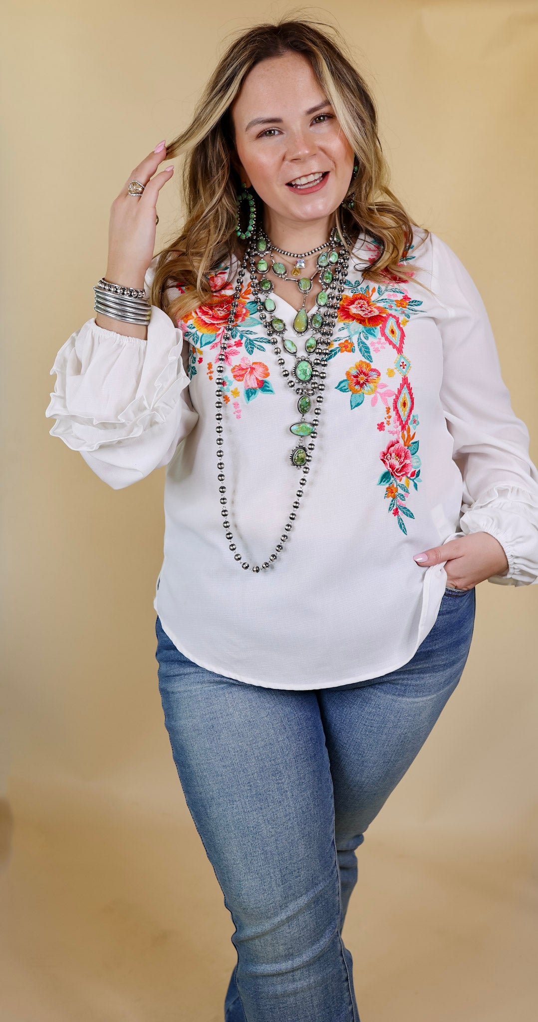 Vineyard Villa Floral Embroidered Top with Long Ruffle Sleeves in White - Giddy Up Glamour Boutique