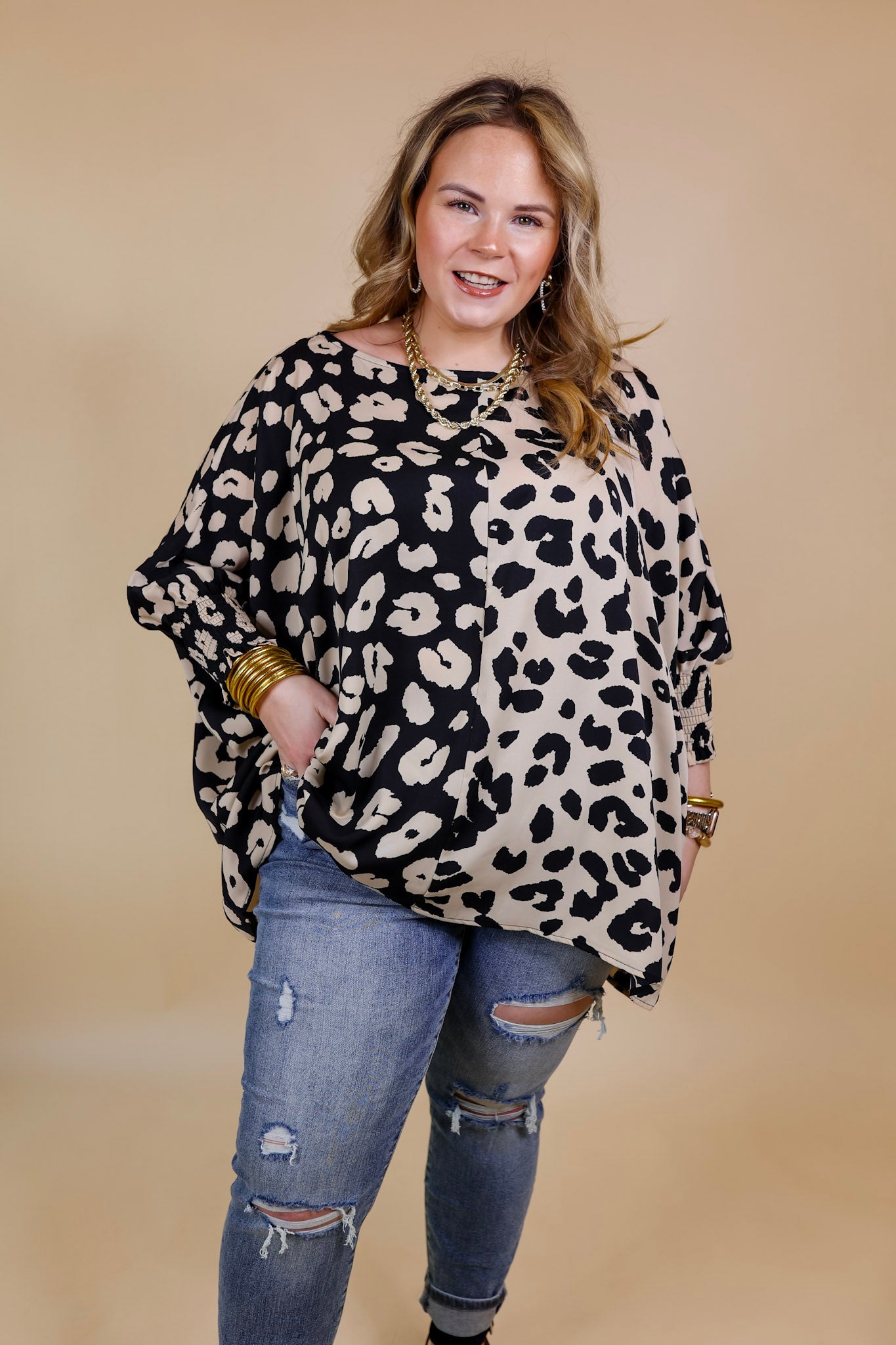 Growing and Glowing Smocked 3/4 Sleeve Oversized Leopard Print Color Block Blouse in Ivory and Black - Giddy Up Glamour Boutique