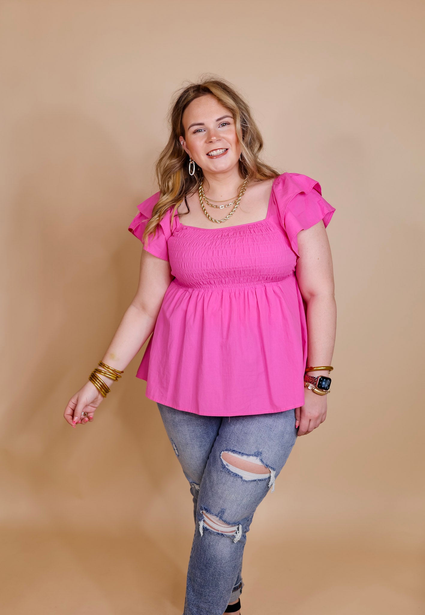 Celebrate Good Times Smocked Babydoll Top in Pink - Giddy Up Glamour Boutique