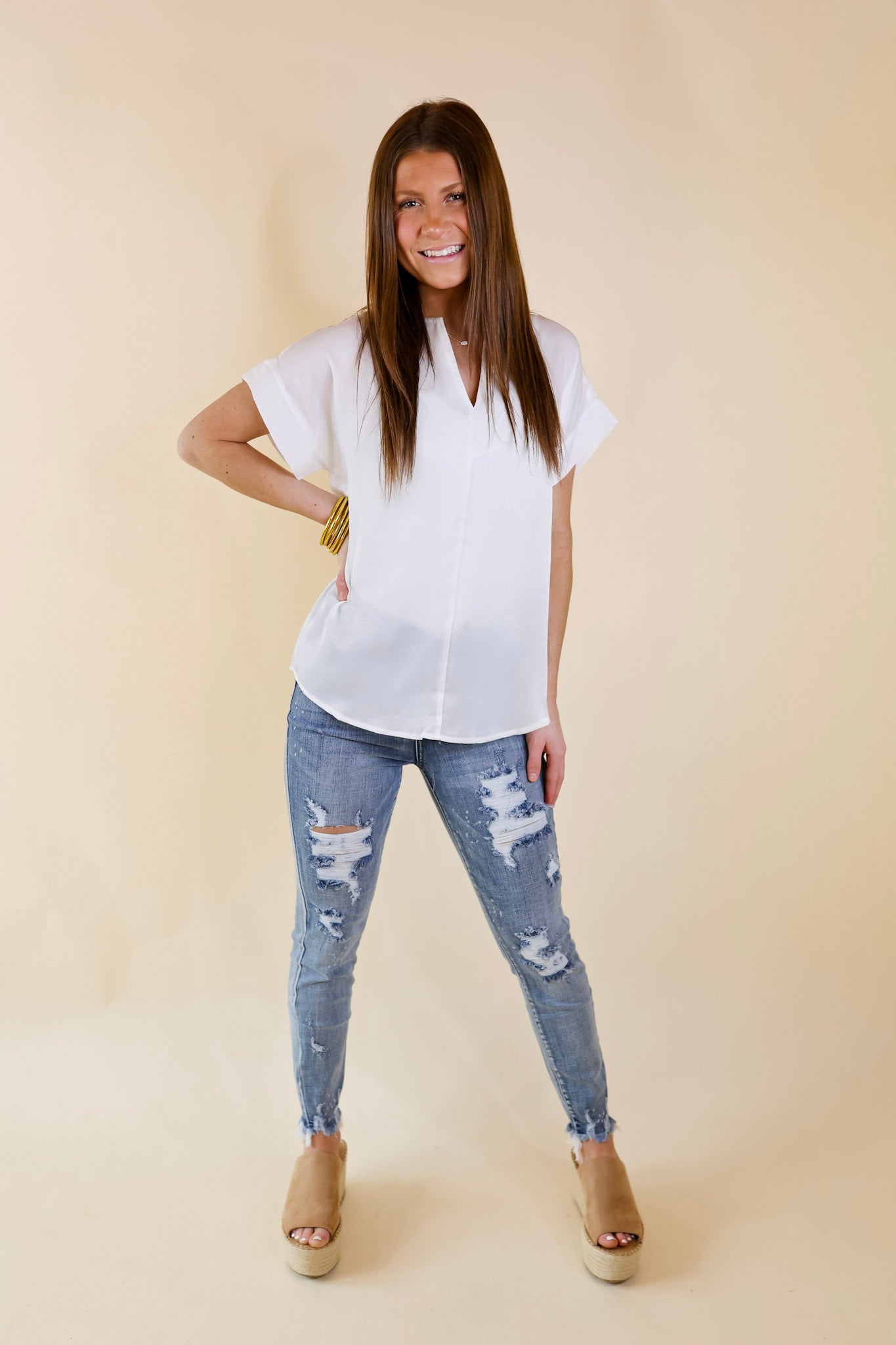 Channeling Confidence Notch Neck Short Sleeve Top in White - Giddy Up Glamour Boutique