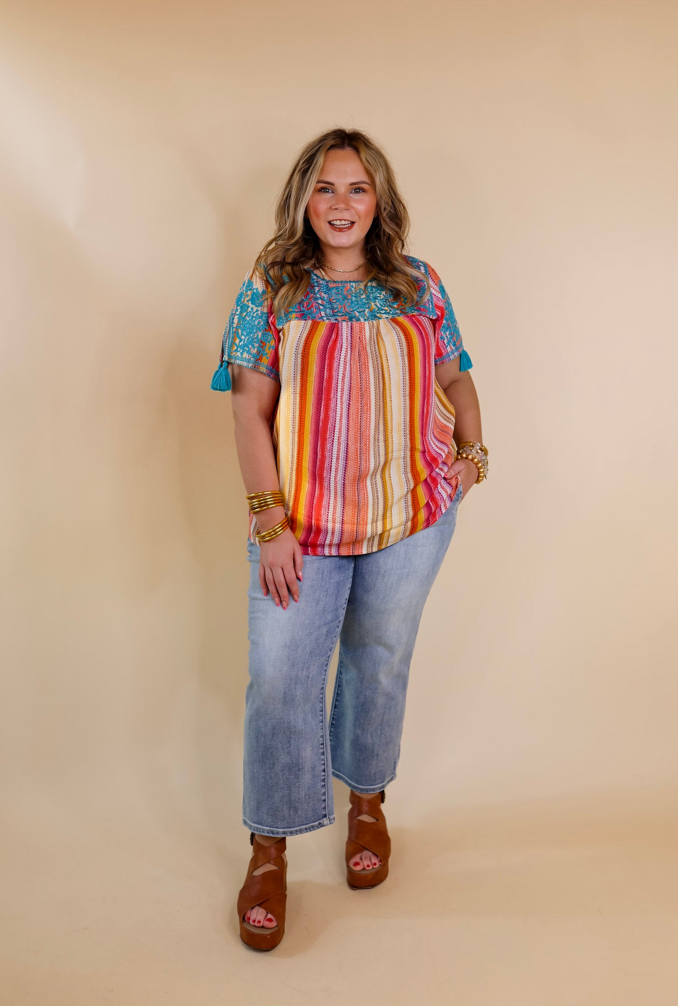 Sweet And Charming Serape Print Top with Blue Floral Embroidery - Giddy Up Glamour Boutique