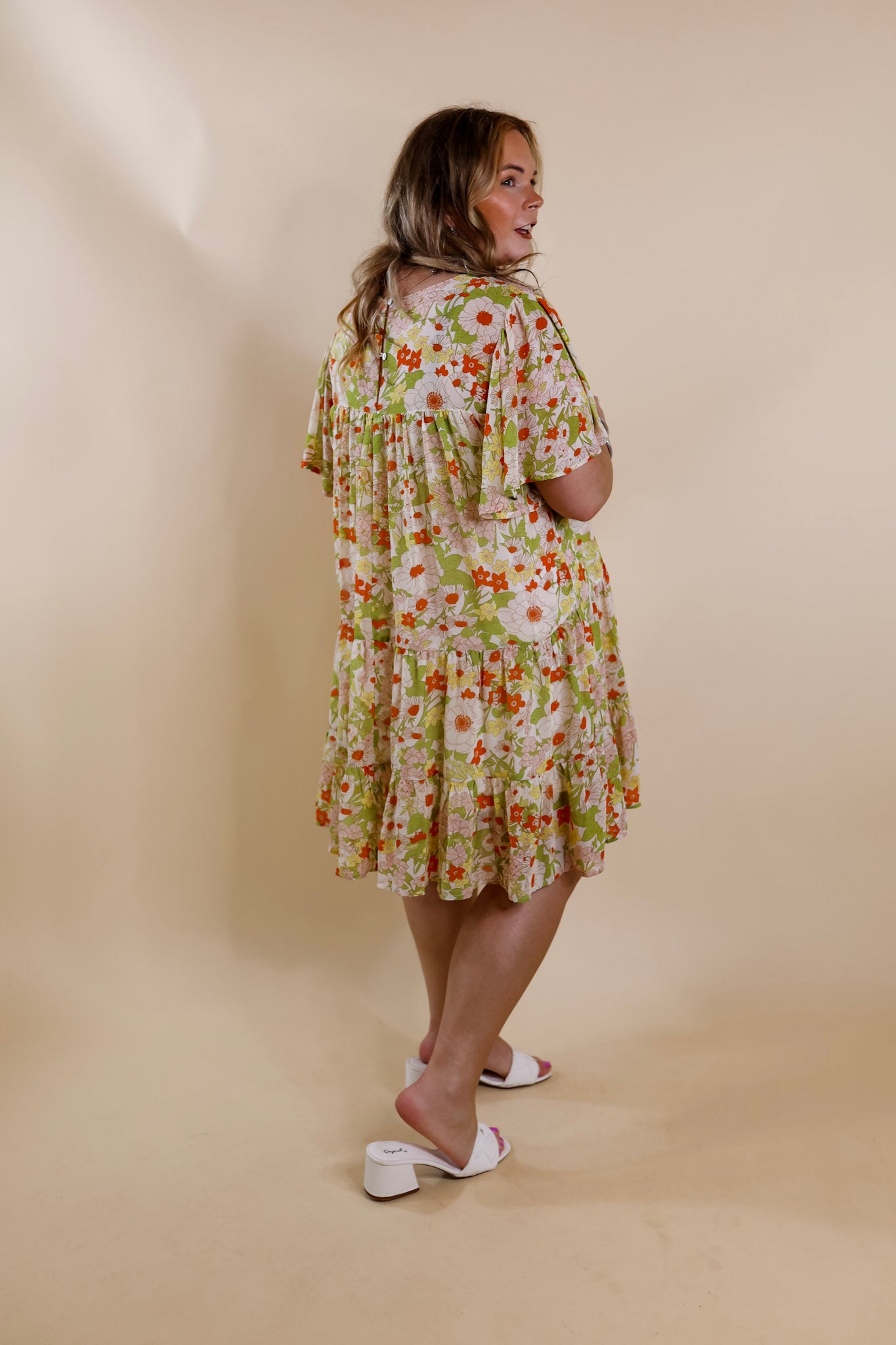 State of Bliss Ruffle Tiered Floral Dress in Lime Green and Orange - Giddy Up Glamour Boutique