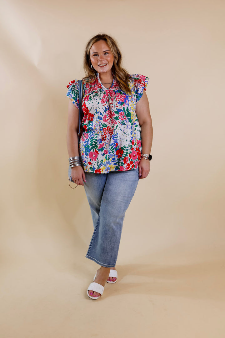 Lovely Line Up Floral Print with Ruffle Cap Sleeves in Ivory Mix - Giddy Up Glamour Boutique