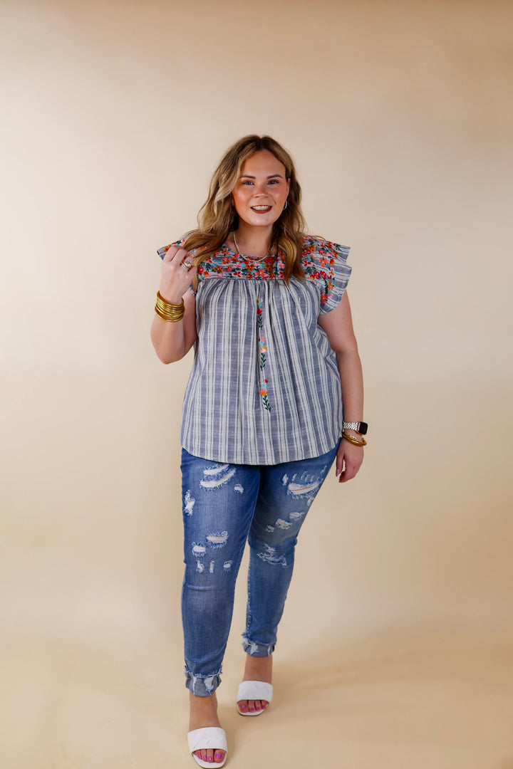 Sweet Success Floral Embroidered Striped Top with Ruffle Cap Sleeves in Dusty Blue - Giddy Up Glamour Boutique
