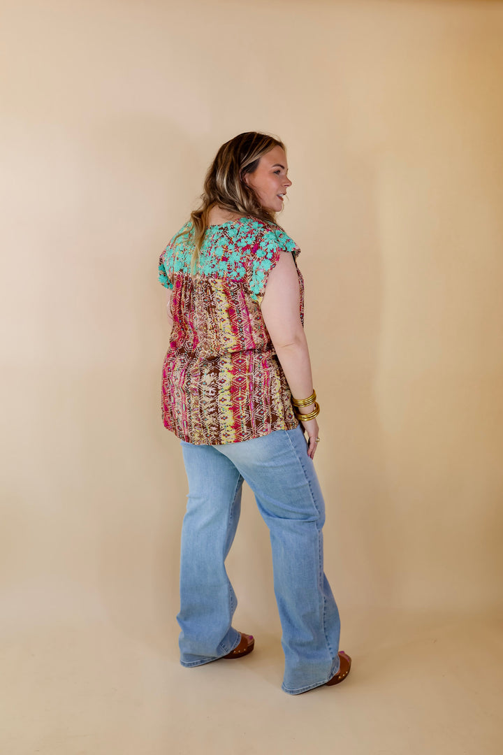Festival Weather Turquoise Embroidered Tribal Print Top with Ruffle Cap Sleeves in Olive Green Mix - Giddy Up Glamour Boutique