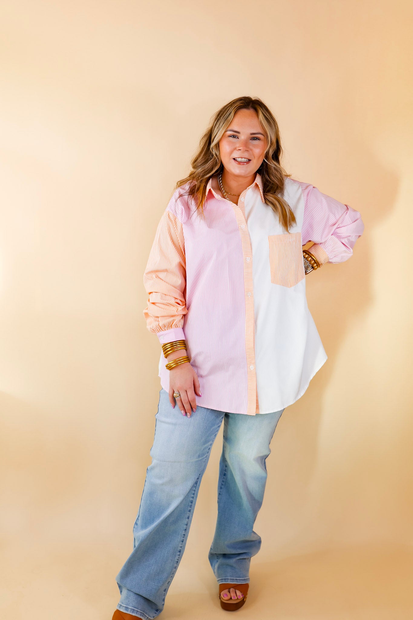 Picture This Pin Stripe Color Block Button Up Top in Pink and Orange - Giddy Up Glamour Boutique