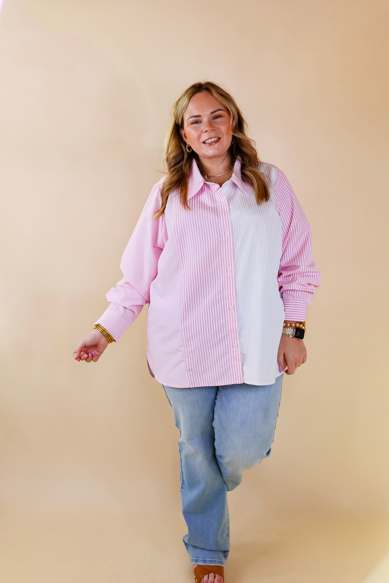 Back To You Pin Stripe Color Block Button Up Top in Pink and White - Giddy Up Glamour Boutique