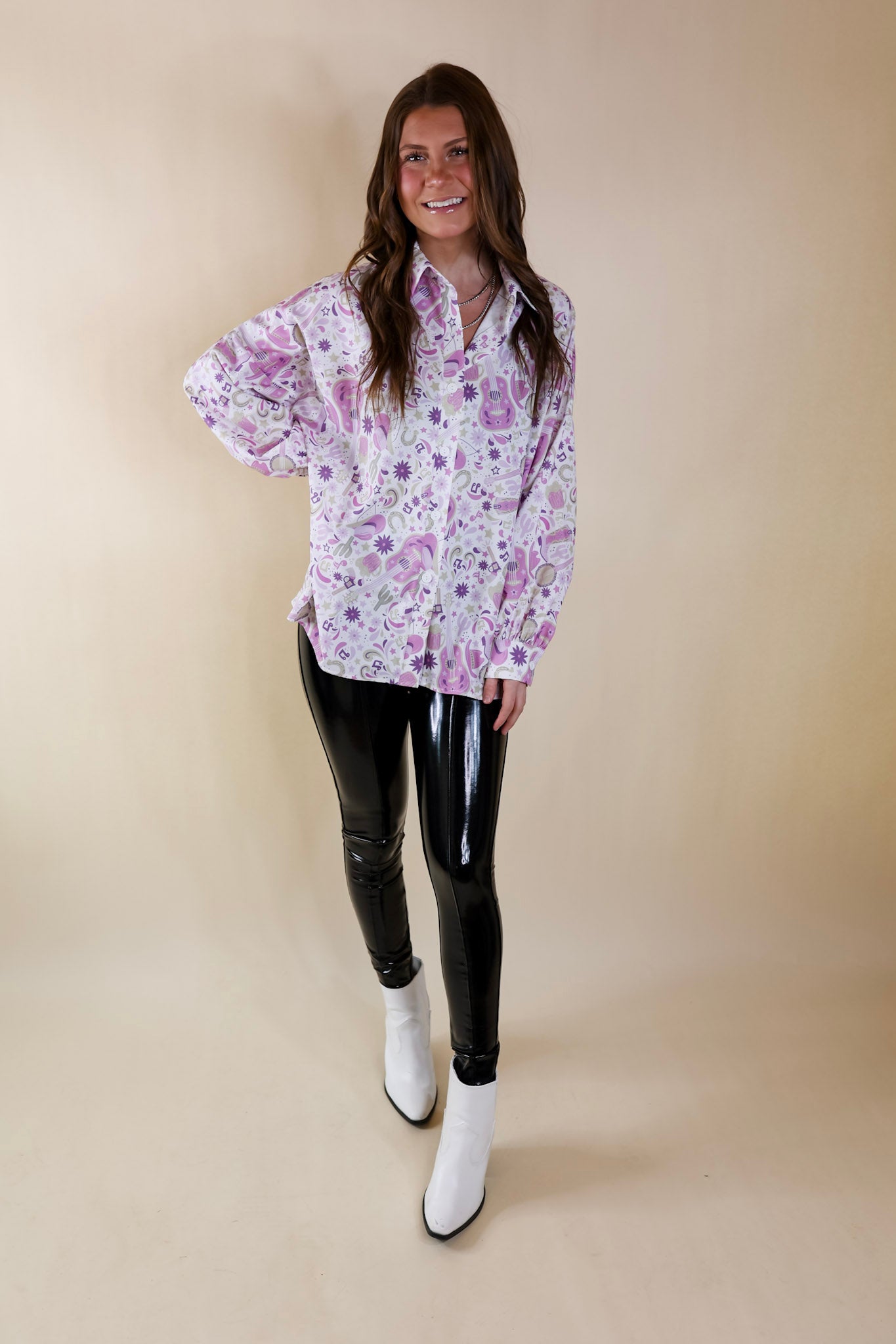 The Cowgirl Way Button Up Purple Music Print Top in White - Giddy Up Glamour Boutique