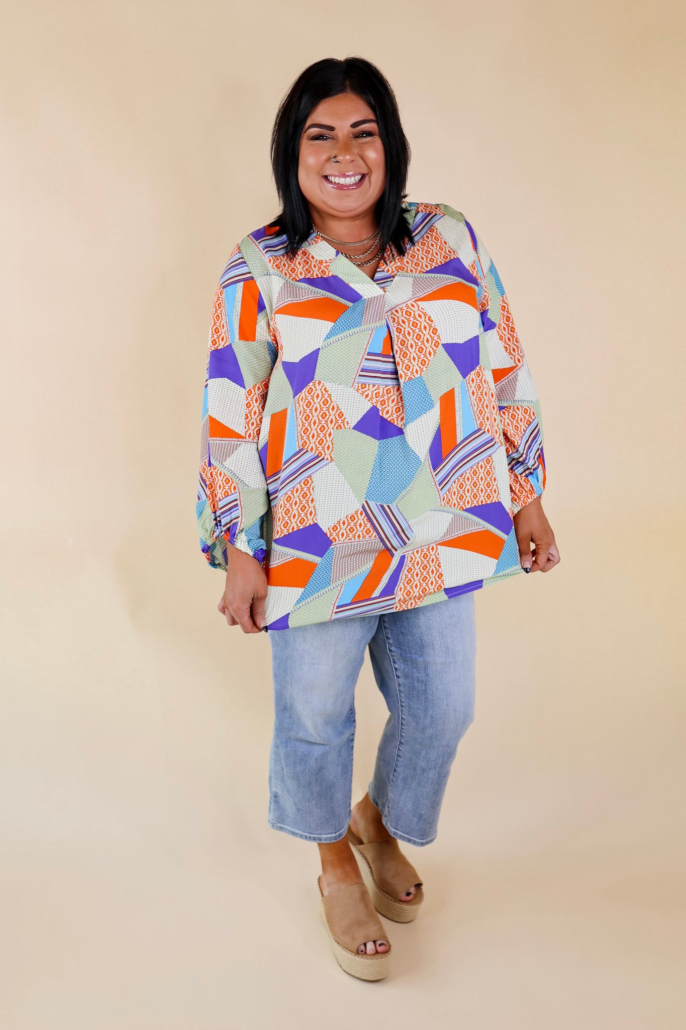 Eyes On Paradise Mix Patch Print Blouse with 3/4 Sleeves in Orange and Blue Mix - Giddy Up Glamour Boutique