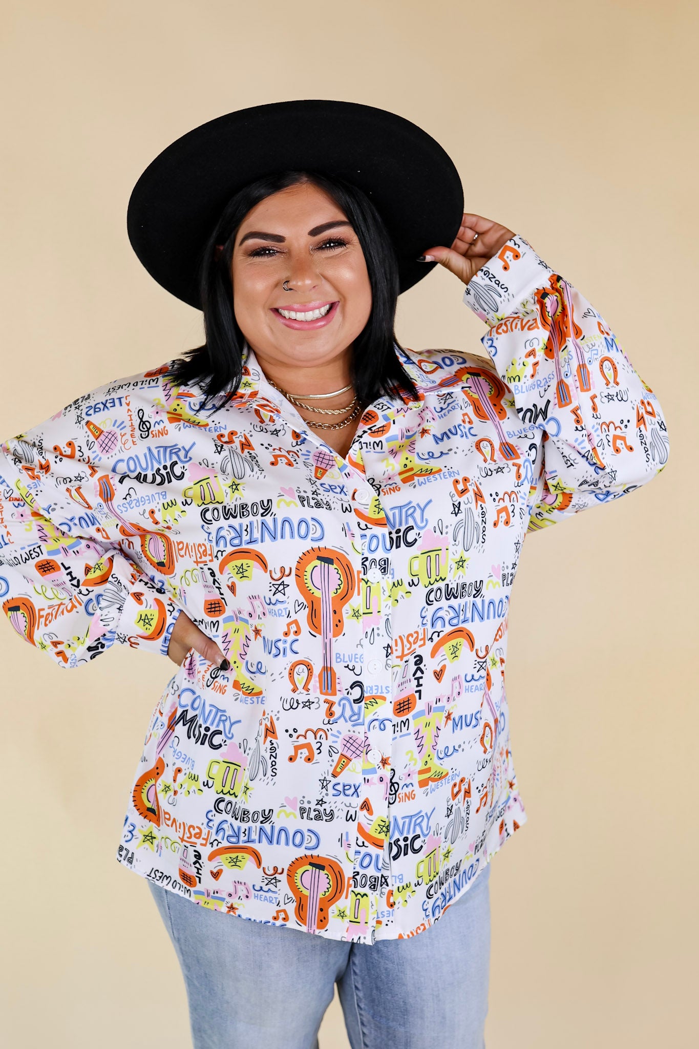 The Cowgirl Way Button Up Multi Color Music Print Top in White - Giddy Up Glamour Boutique