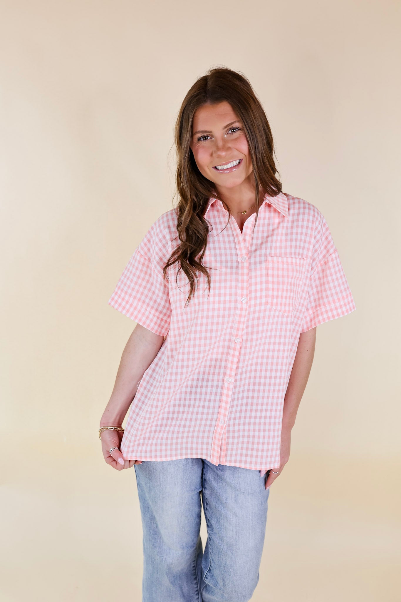 What A Rush Button Up Gingham Short Sleeve Top in Light Pink - Giddy Up Glamour Boutique