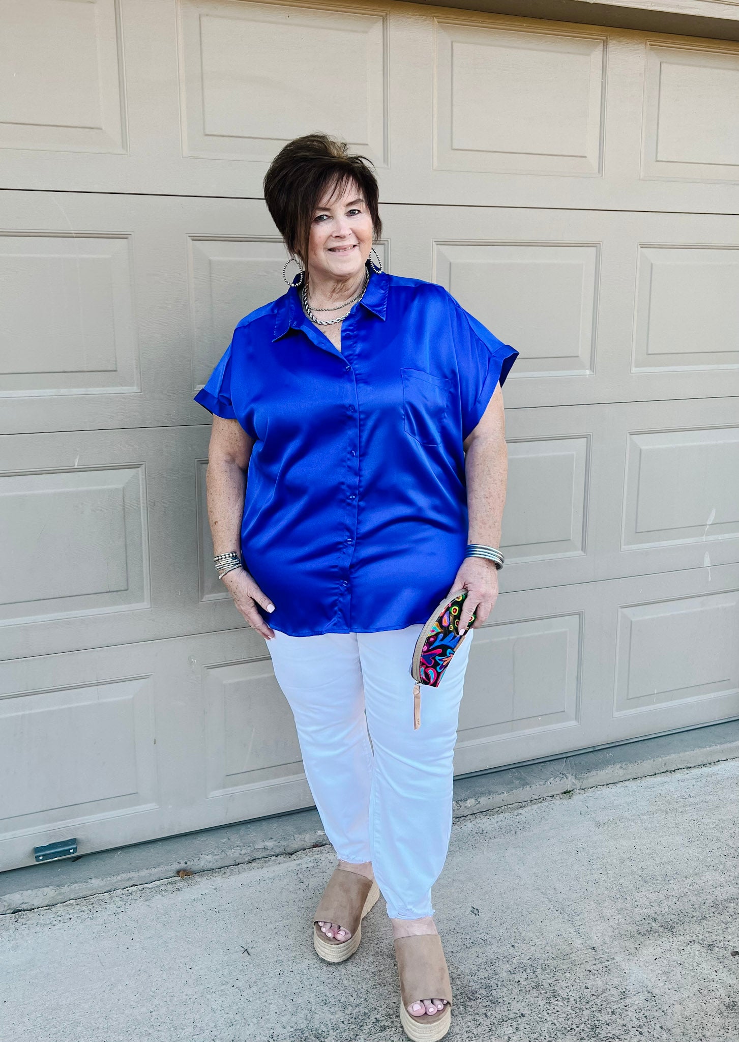 Free To Be Fab Button Up Short Sleeve Top in Royal Blue - Giddy Up Glamour Boutique