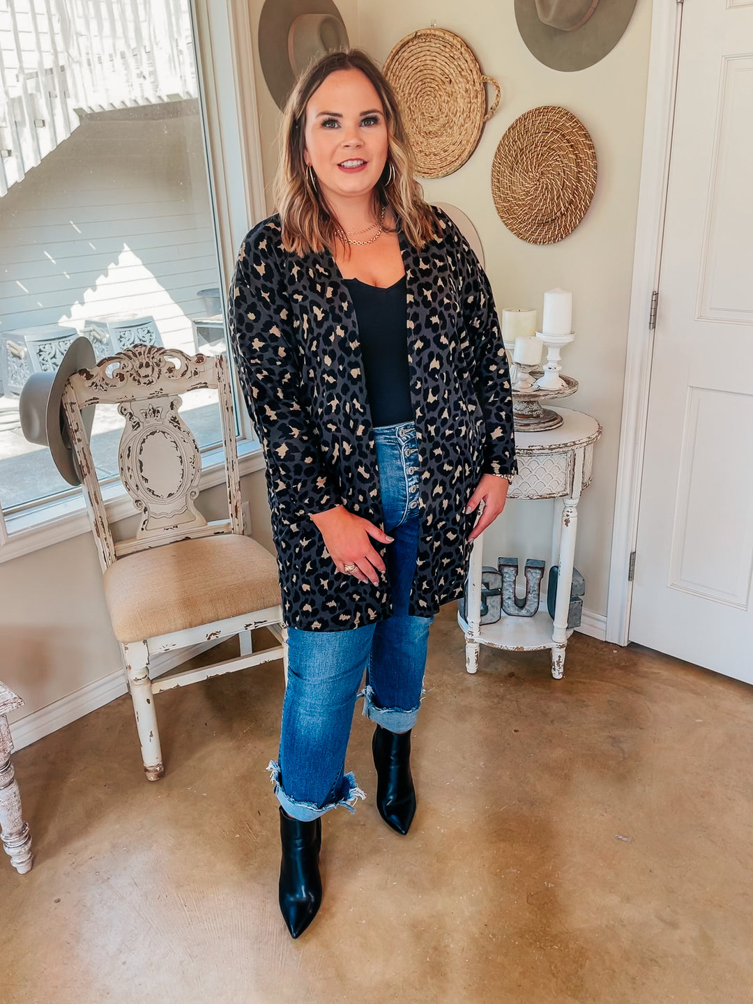 Let's Be Real Open Front 3/4 Sleeve Leopard Cardigan in Grey - Giddy Up Glamour Boutique