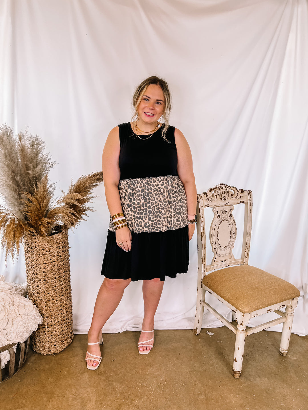 Right On Time Ruffle Tiered Leopard Print Block Dress in Black - Giddy Up Glamour Boutique