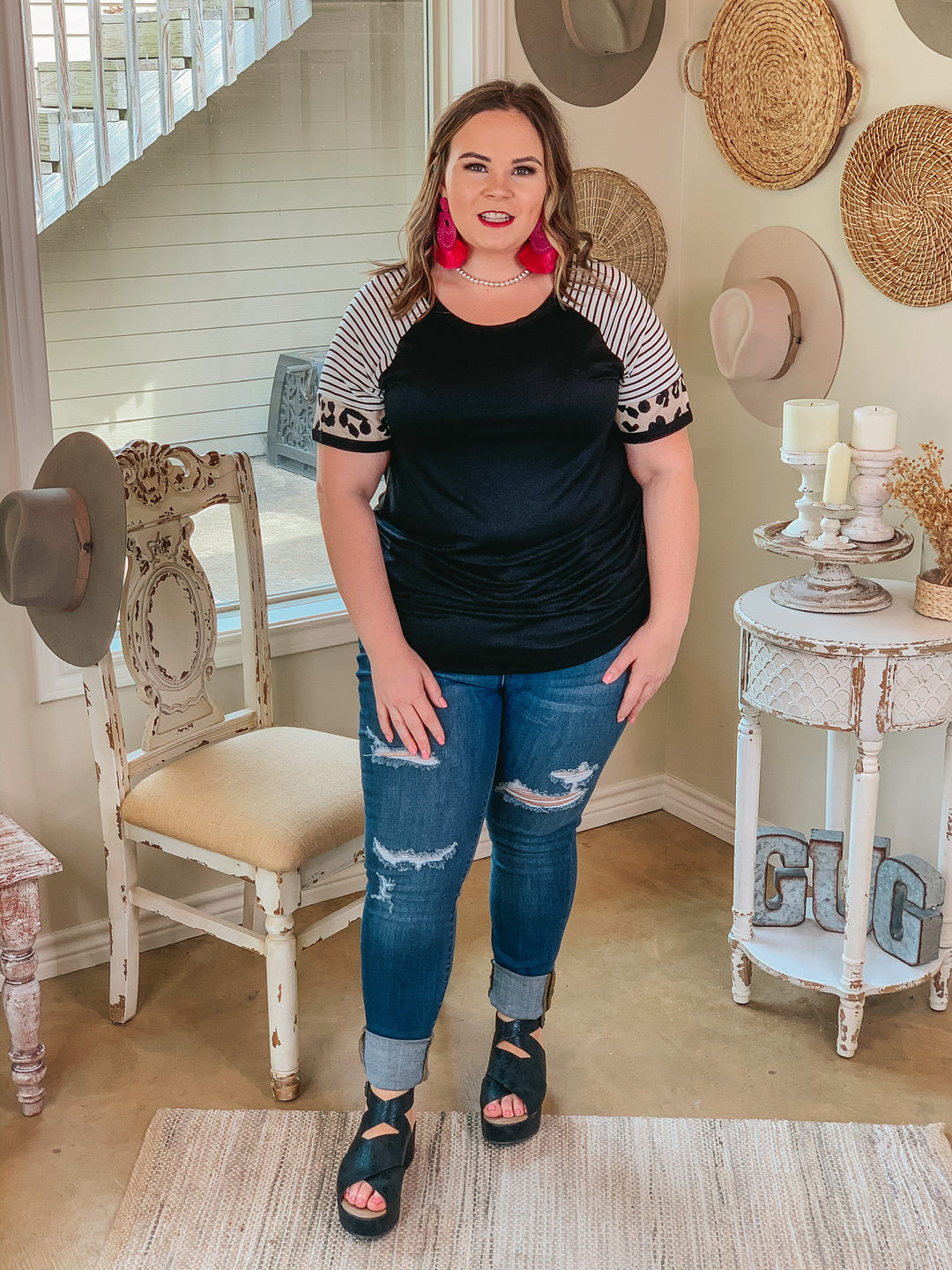 Here All Year Leopard and Stripe Short Sleeve Top in Black - Giddy Up Glamour Boutique