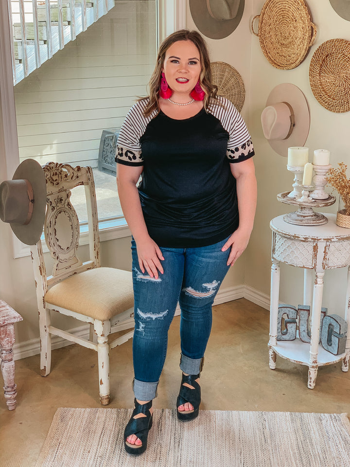 Here All Year Leopard and Stripe Short Sleeve Top in Black - Giddy Up Glamour Boutique