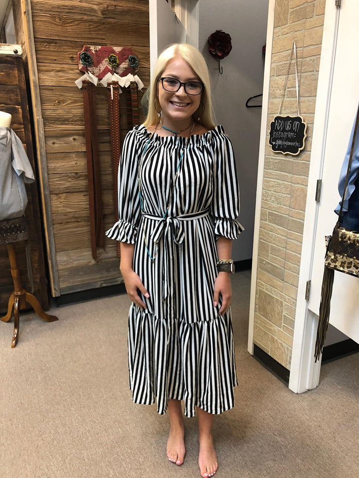 Jailhouse Rock Off The Shoulder Striped Midi Maxi Dress in Black - Giddy Up Glamour Boutique