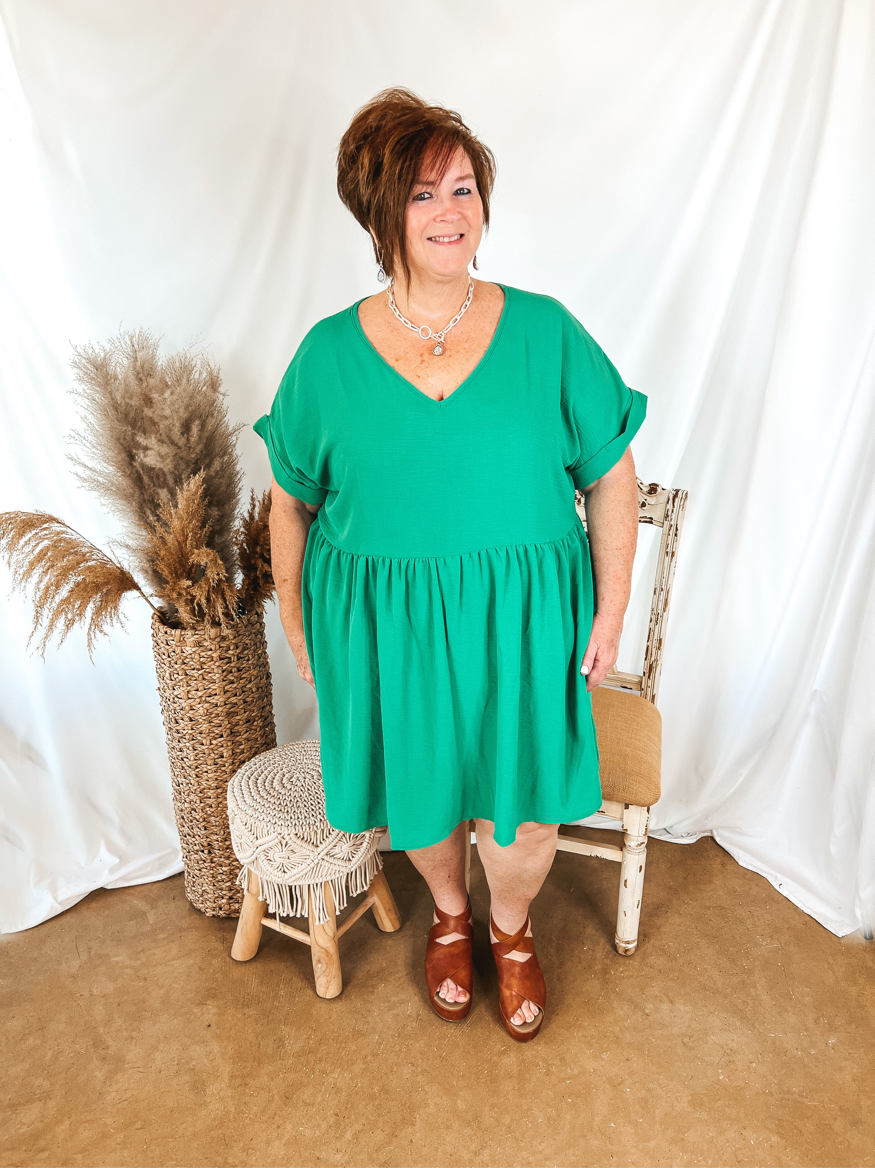 Touring the City V Neck Babydoll Dress in Green - Giddy Up Glamour Boutique