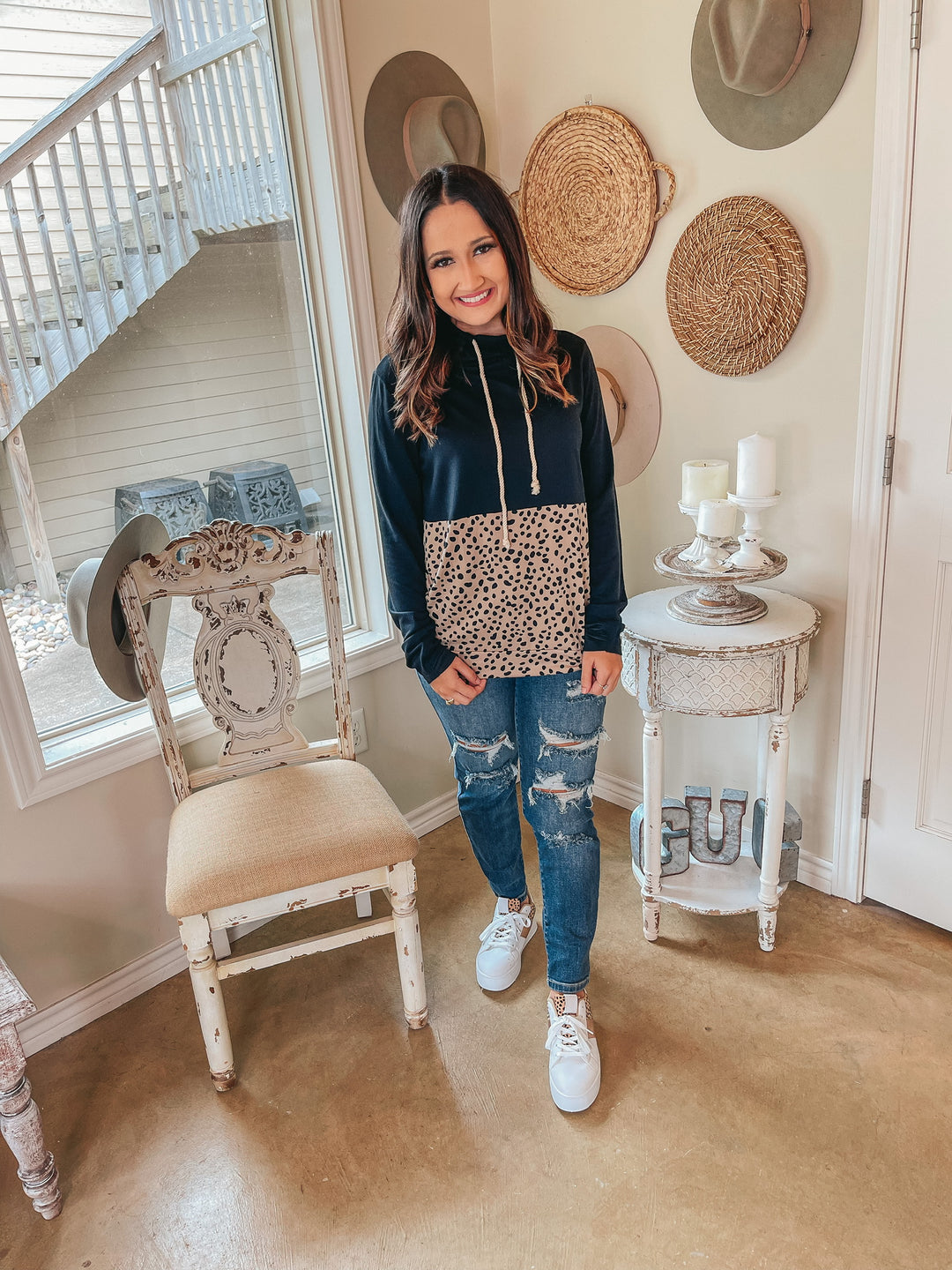 Feeling Cool Half Cheetah Drawstring Cowl Neck Pullover in Black - Giddy Up Glamour Boutique