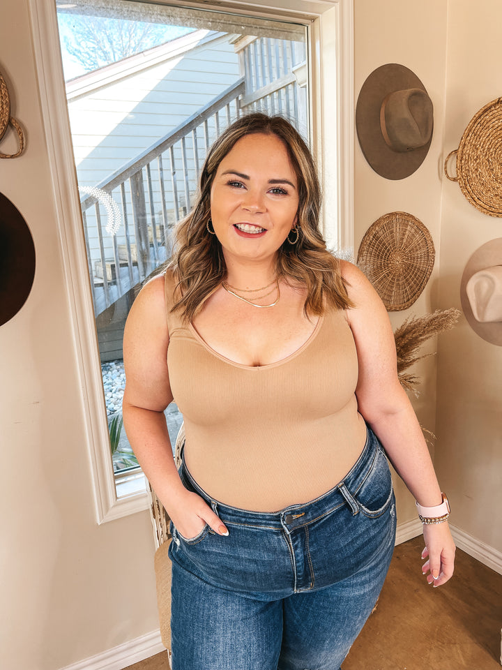 Extra Chic V Neck Ribbed Tank Top Bodysuit in Nude - Giddy Up Glamour Boutique