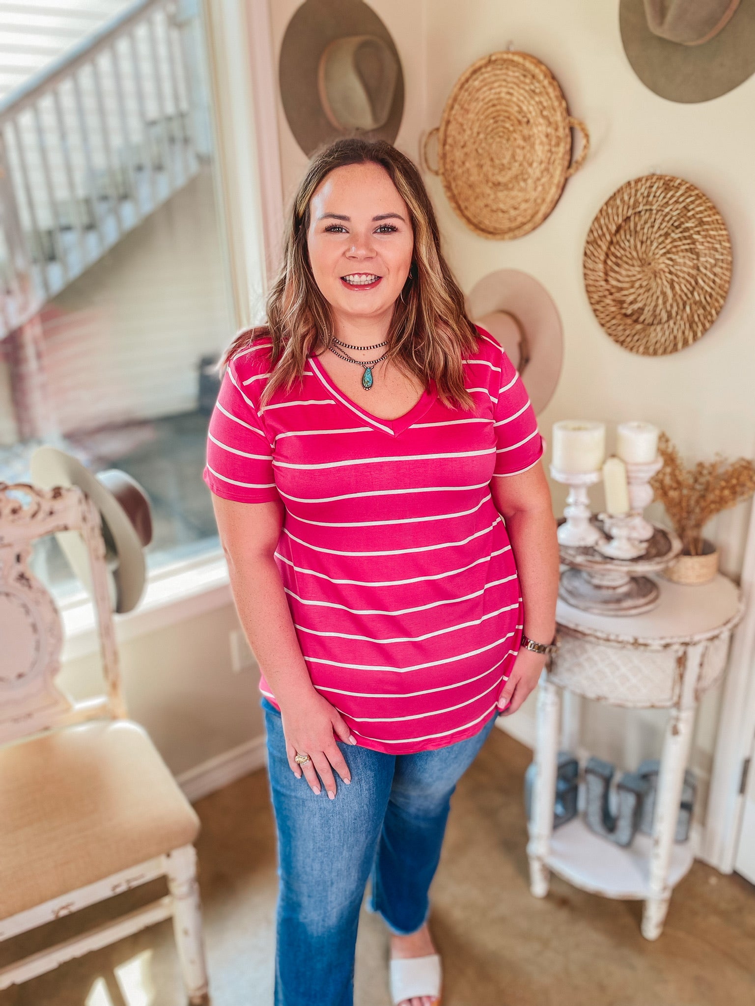 Keep Things Casual Striped V Neck Tee in Fuchsia - Giddy Up Glamour Boutique