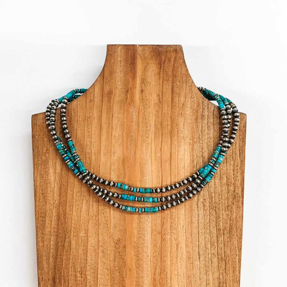 Navajo | Navajo Handmade Sterling Silver 3 Strand Navajo Pearls with Turquoise Disks - Giddy Up Glamour Boutique