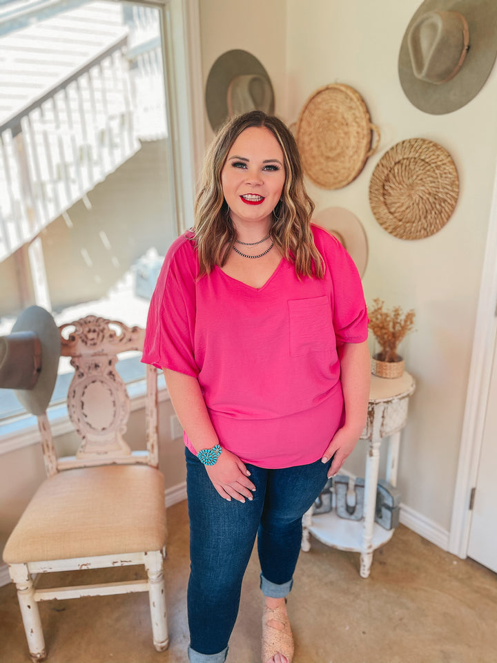 On Record V Neck Short Sleeve Shift Top with Front Pocket in Fuchsia - Giddy Up Glamour Boutique