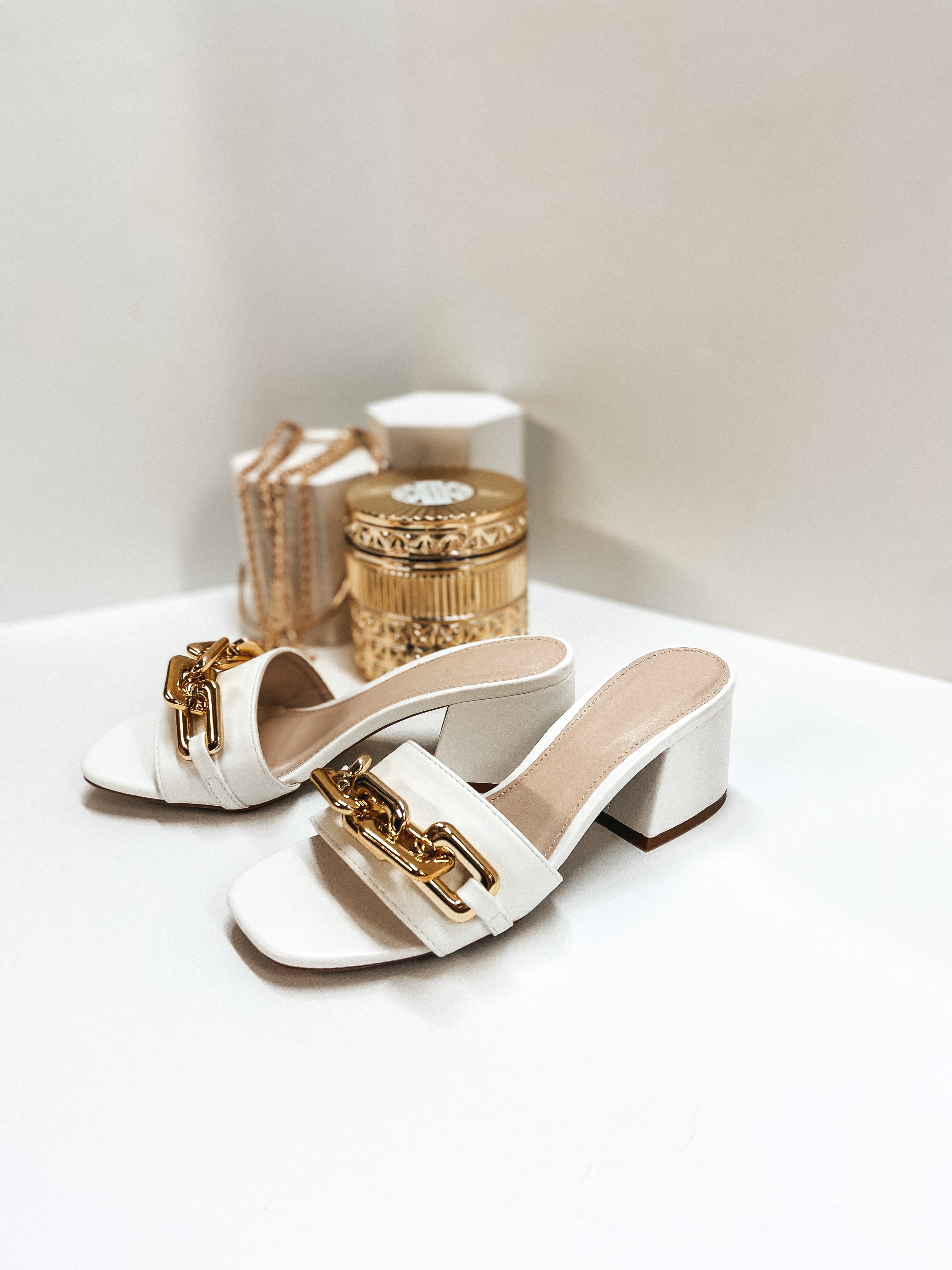 Grand Entrance Gold Chain Mini Block Heels in White - Giddy Up Glamour Boutique