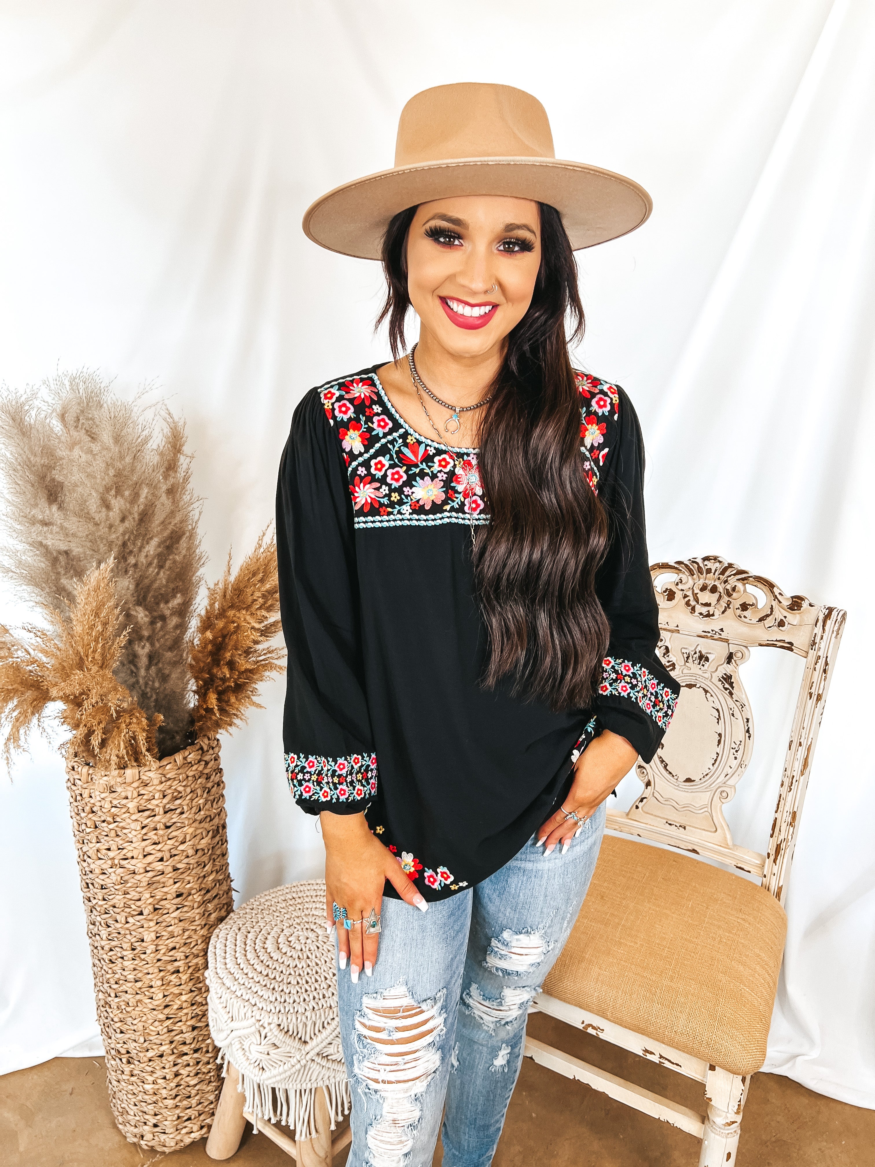Sunny Sweetheart Floral Embroidered Long Sleeve Top in Black - Giddy Up Glamour Boutique
