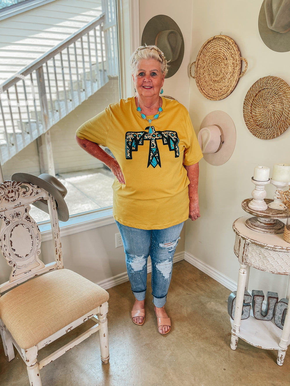 Cherokee Hills Turquoise Leopard Thunderbird Short Sleeve Graphic Tee in Mustard Yellow - Giddy Up Glamour Boutique