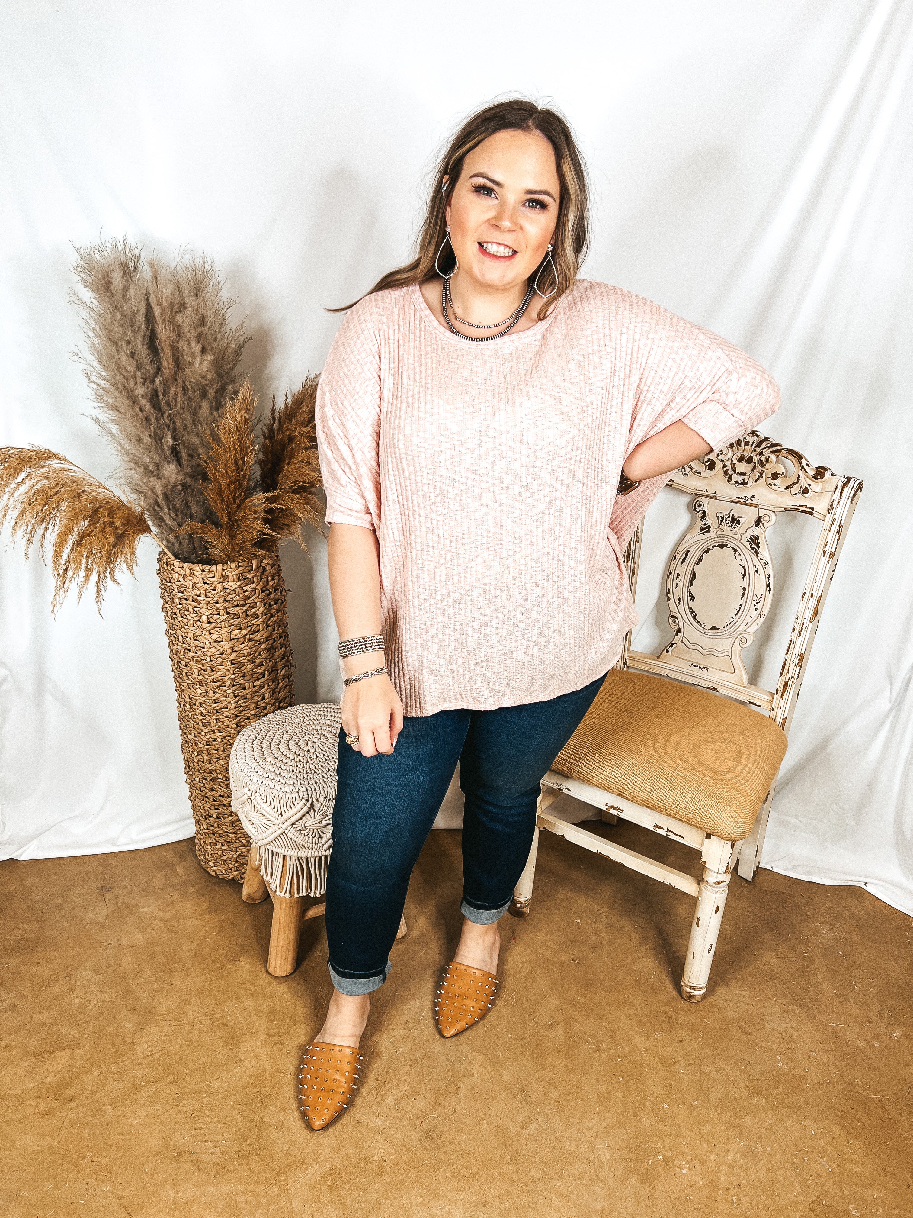 Corner Cafe Ribbed Poncho Top in Blush Pink - Giddy Up Glamour Boutique