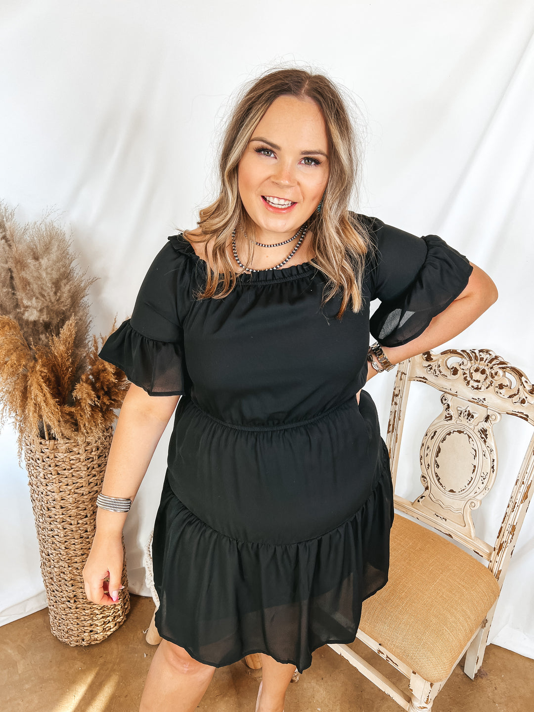 Visions of Romance Off the Shoulder Ruffle Tiered Dress in Black - Giddy Up Glamour Boutique