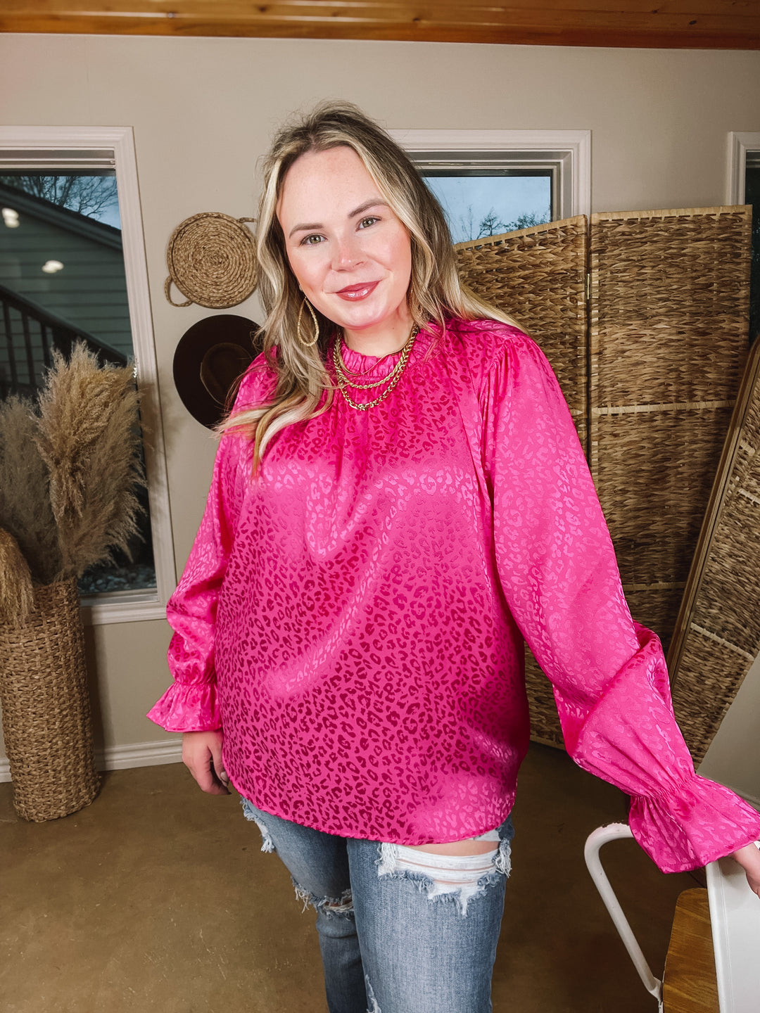 Mood Setter Ruffle Mock Neck Long Sleeve Leopard Print Satin Top in Hot Pink - Giddy Up Glamour Boutique
