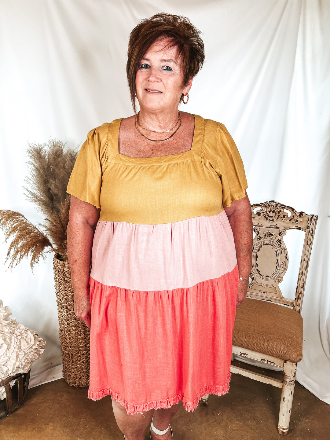 Promised Love Square Neck Color Block Dress in Mustard Yellow and Pink - Giddy Up Glamour Boutique