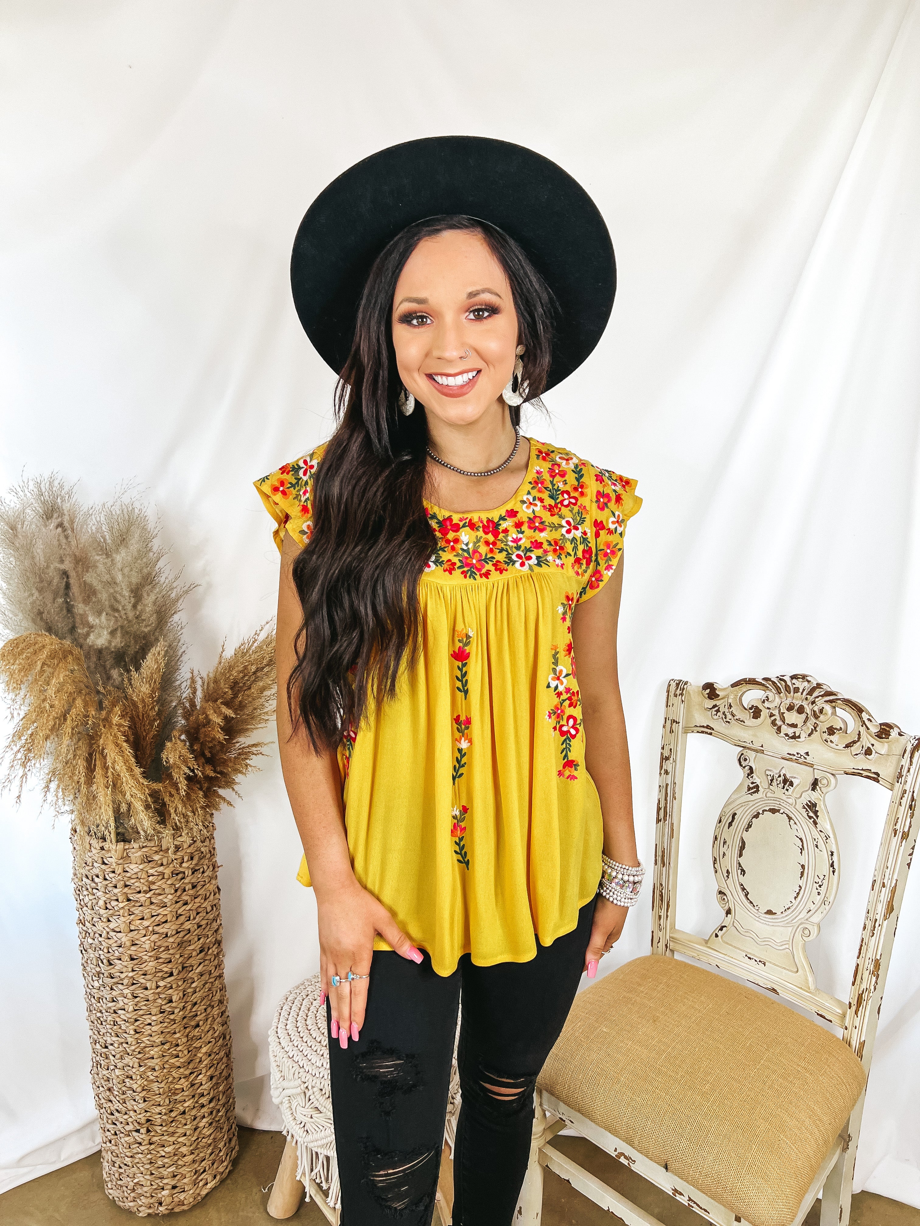 Lajitas Lady Floral Embroidered Babydoll Top in Yellow - Giddy Up Glamour Boutique