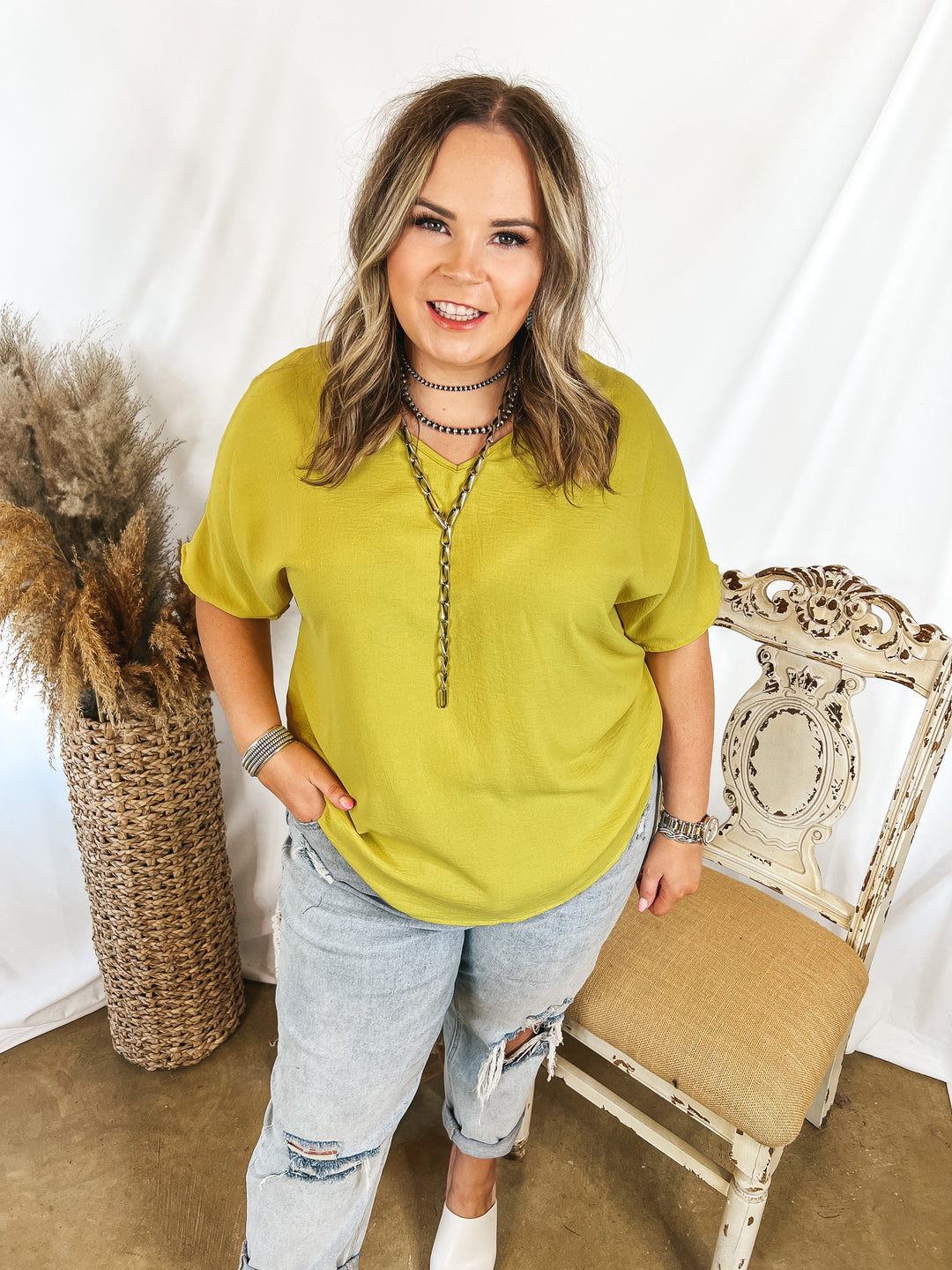 Lovely Dear V Neck Short Sleeve Solid Top in Gold Kiwi - Giddy Up Glamour Boutique