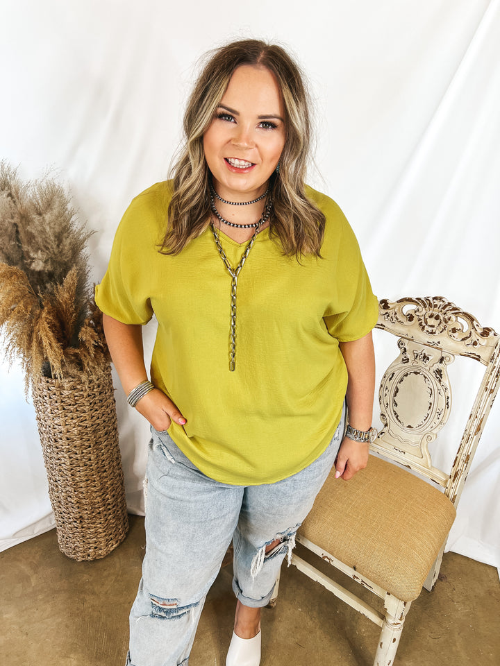 Lovely Dear V Neck Short Sleeve Solid Top in Gold Kiwi - Giddy Up Glamour Boutique