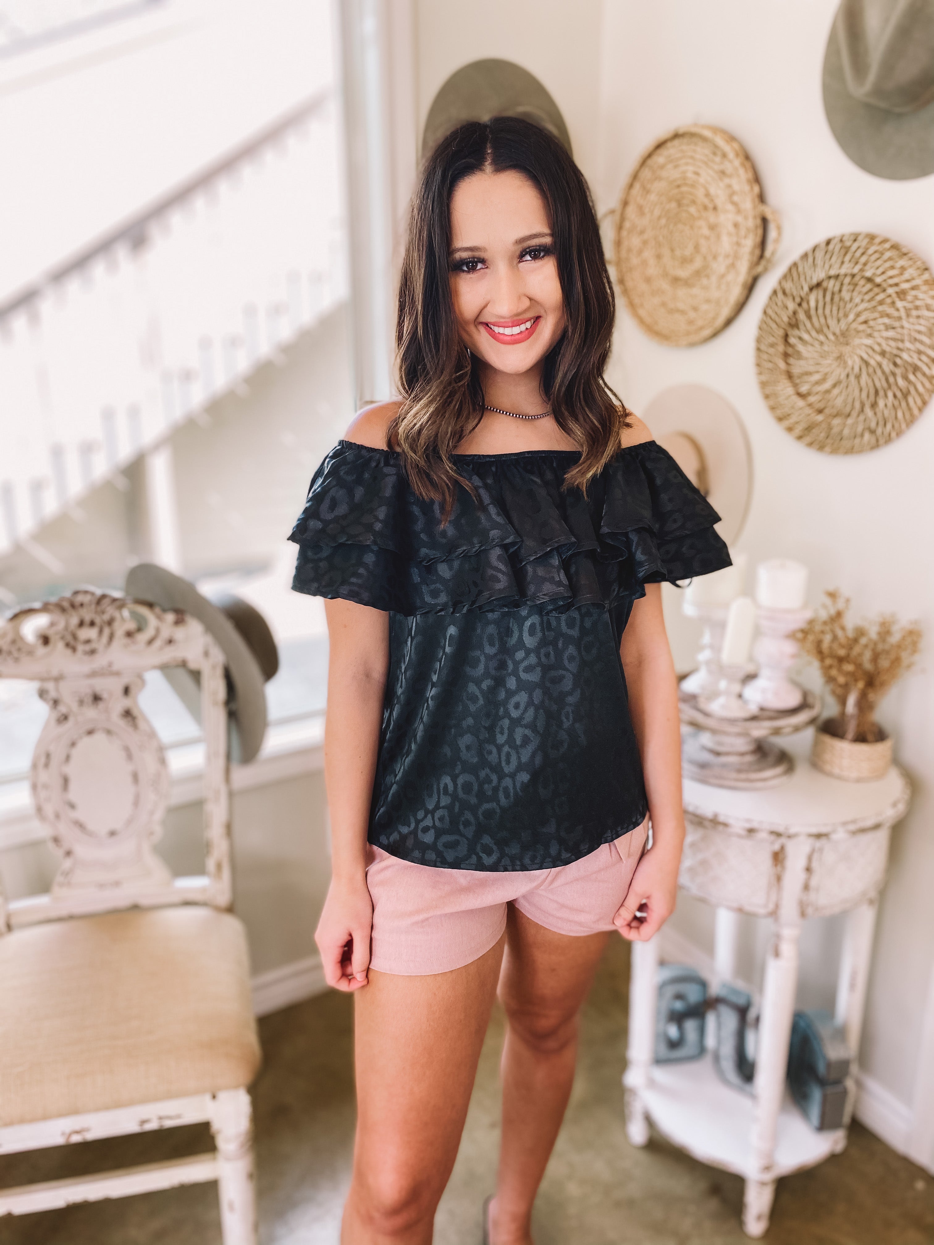 Dreamy Days Metallic Leopard Satin Off the Shoulder Blouse in Black - Giddy Up Glamour Boutique