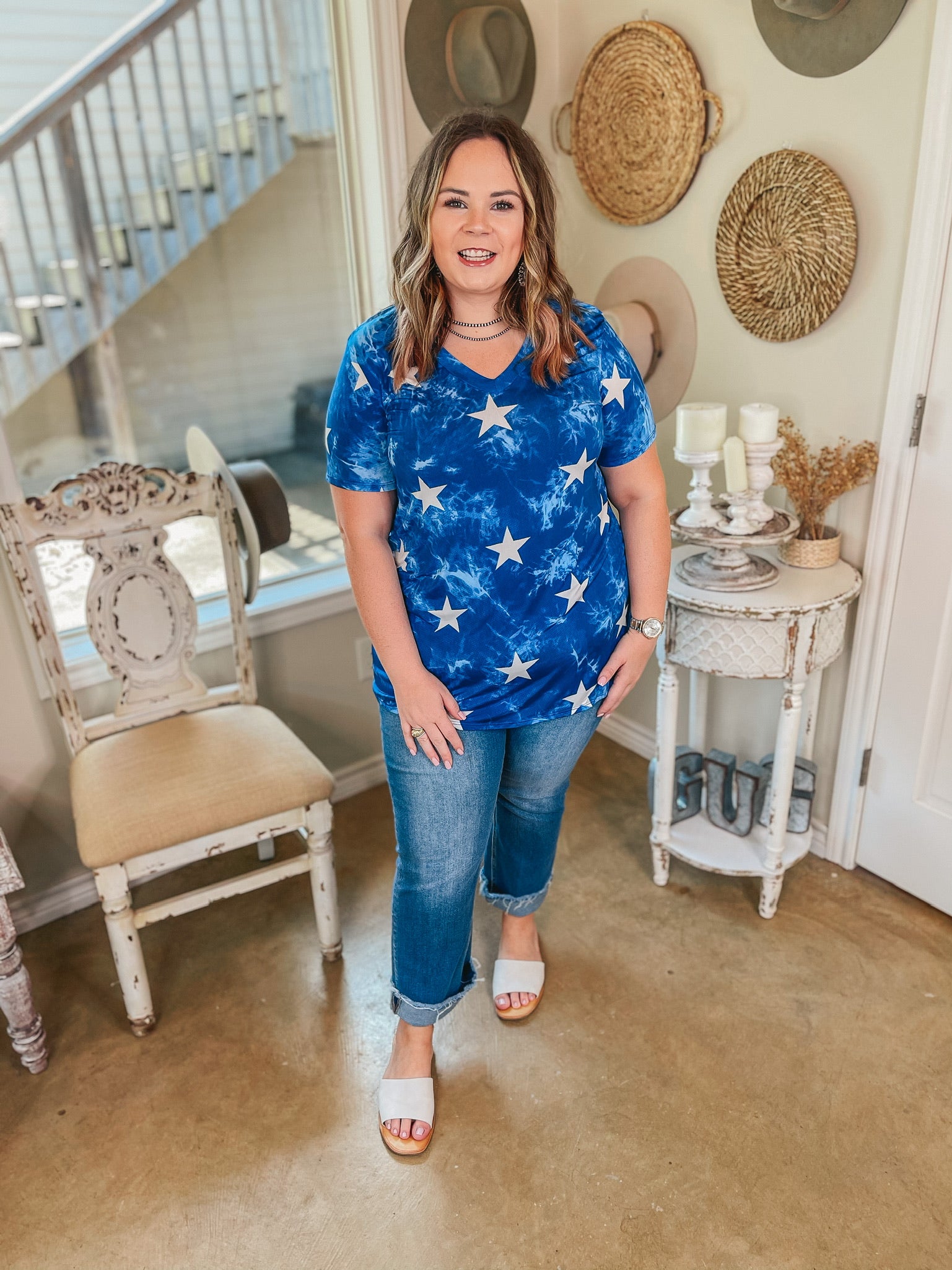 Keep Things Simple Tie Dye with Stars V Neck Tee in Royal Blue - Giddy Up Glamour Boutique