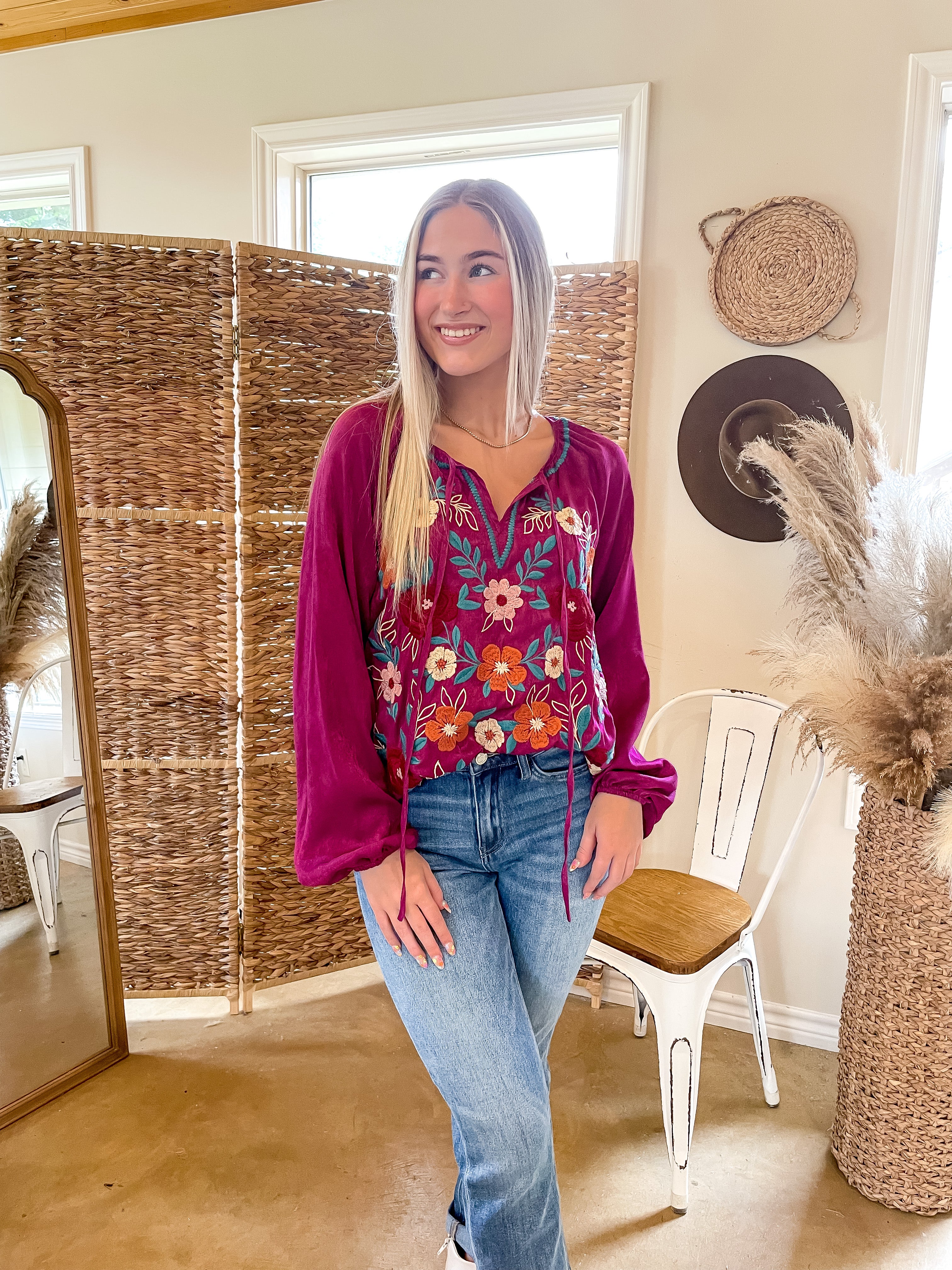 Savanna Jane | These Are The Days Long Sleeve Floral Embroidered Top in Magenta - Giddy Up Glamour Boutique